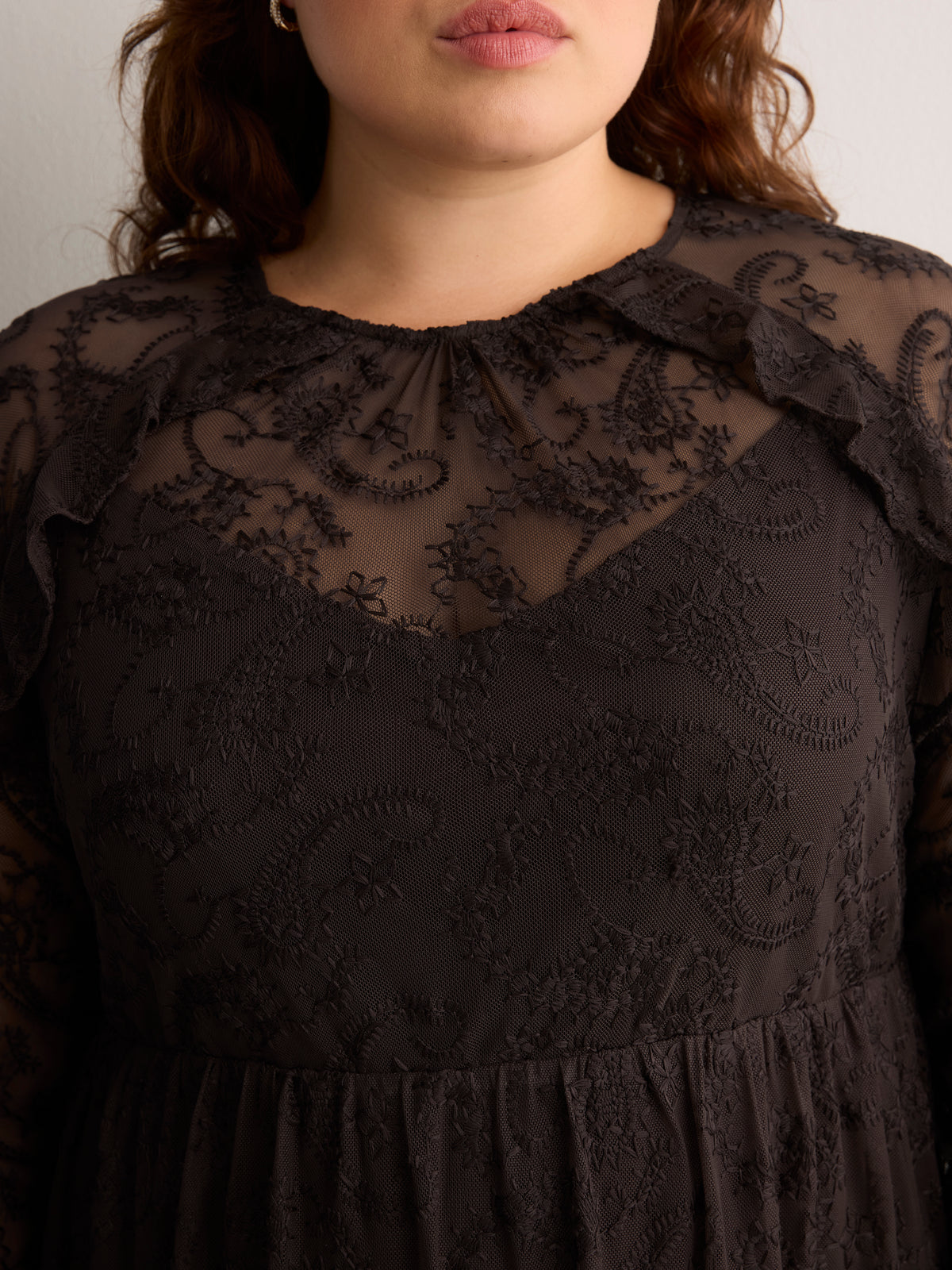 Brown Long-Sleeve Ruffled Lace Midi Dress