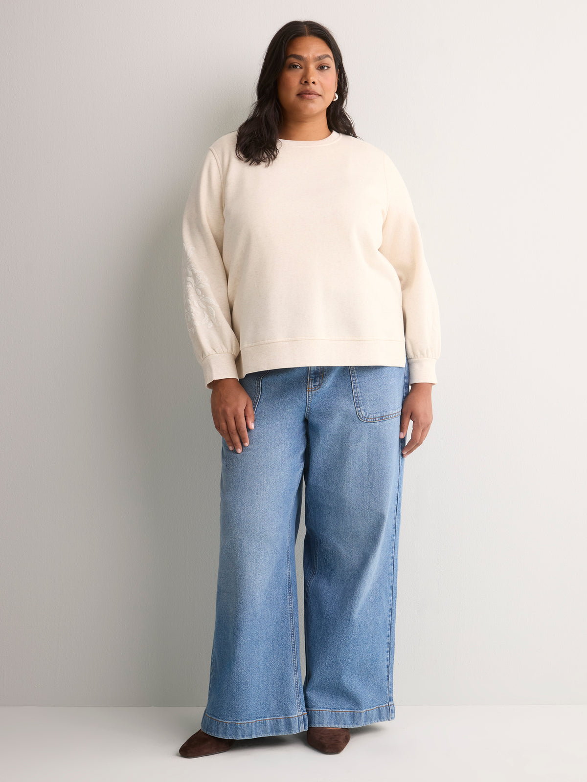 Loose Crew-Neck Fleece Sweatshirt with Long Balloon Sleeves