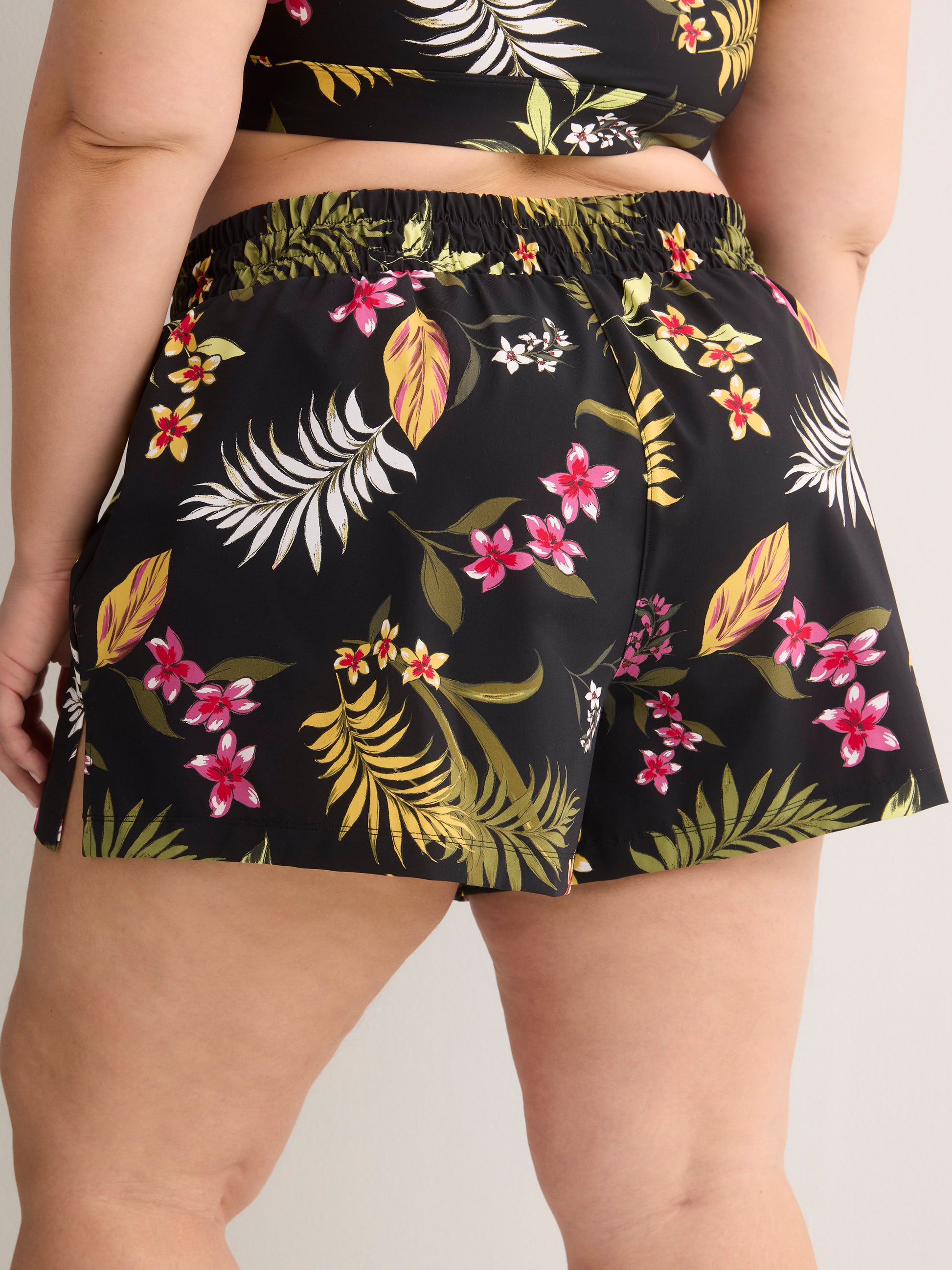 Black Floral Mid-Rise Flared Swim Short