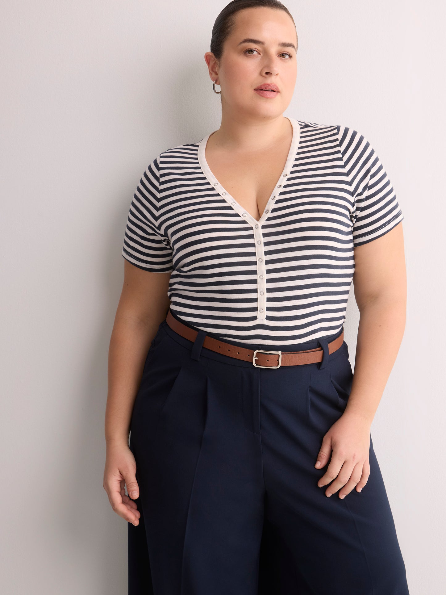 Short-Sleeve V-Neck Henley Shirt with Stripes