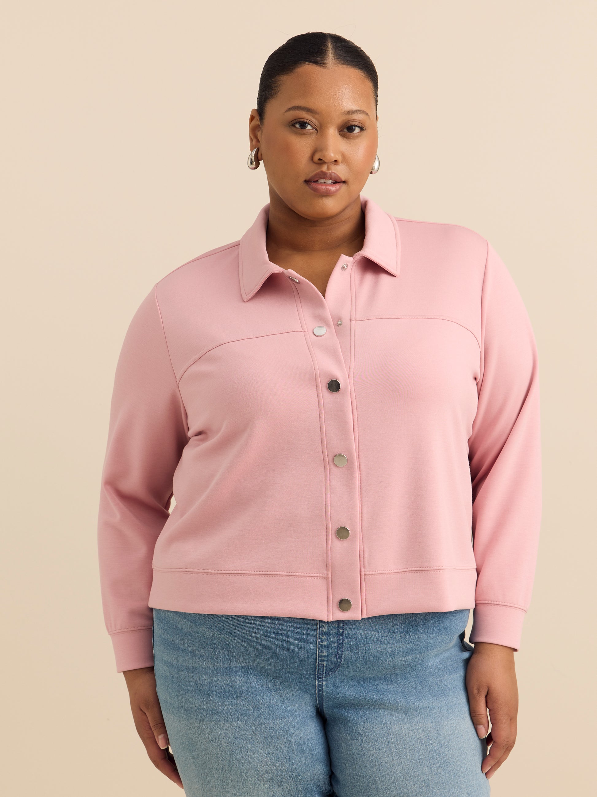 Neoprene Bomber Knit Top with Shirt Collar