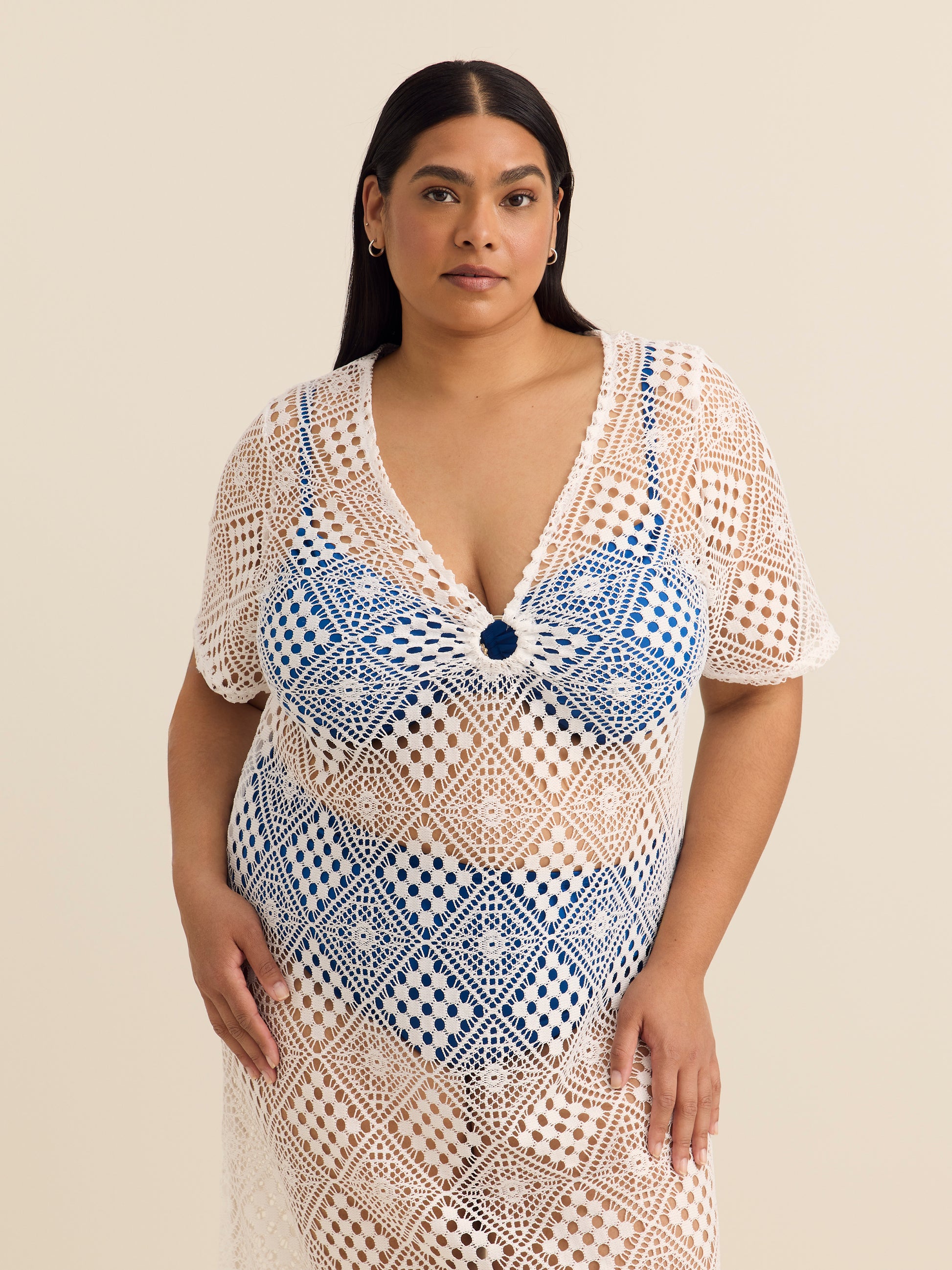 Long Crochet Knit Cover-Up Dress with Keyhole V-Neck - Cover Me