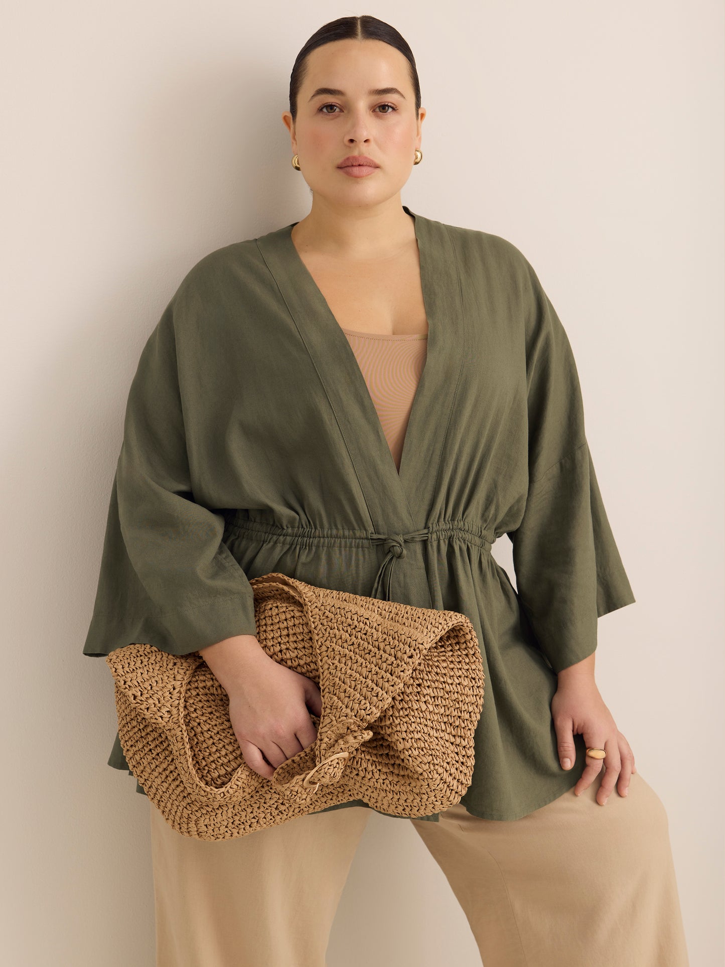 Linen-Blend Loose Kimono Tunic with Waist Drawstring
