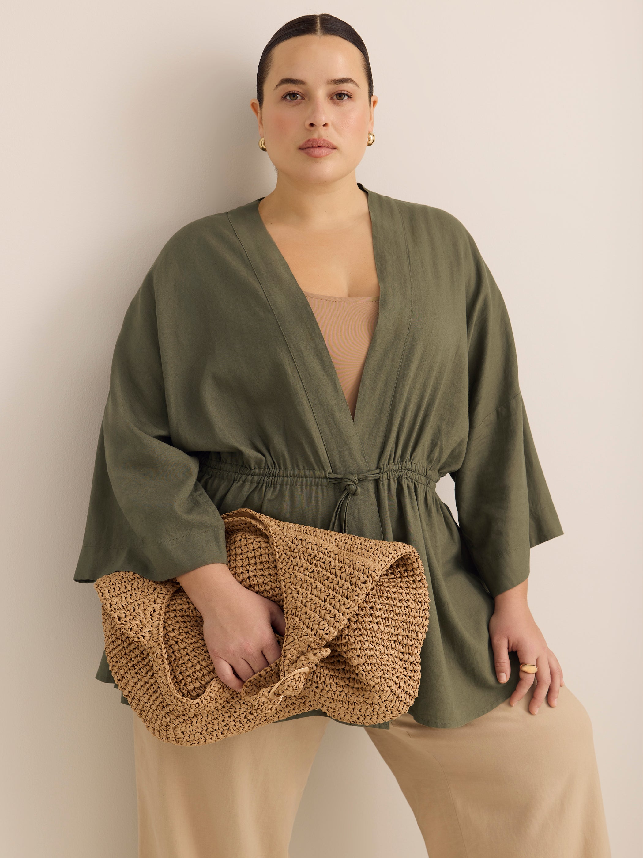 Linen-Blend Loose Kimono Tunic with Waist Drawstring