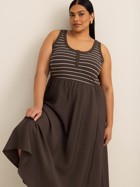 Responsible, Striped Sleeveless Henley Flared Maxi Dress