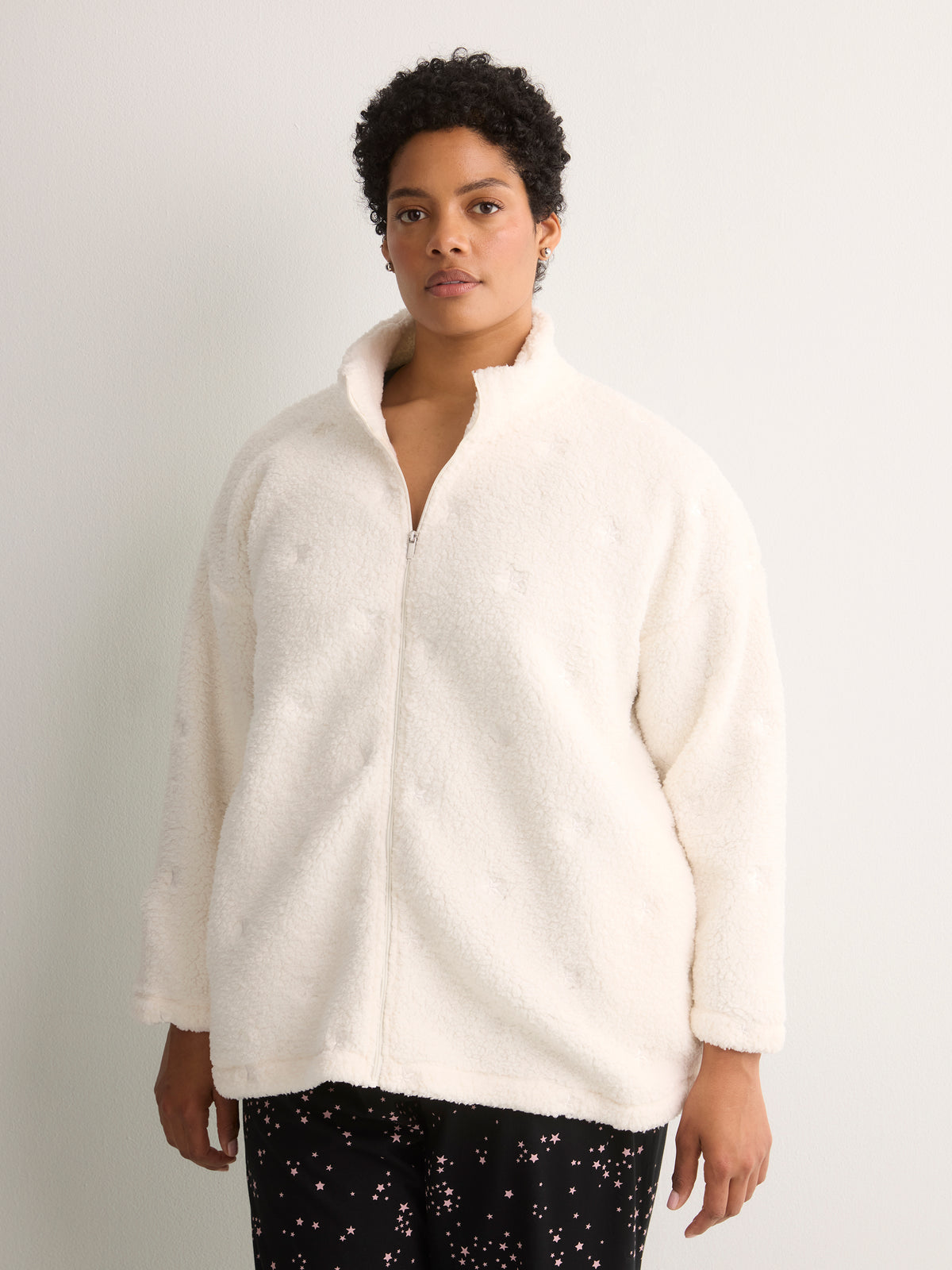White Fleece Zippy Jacket with Embroidered Stars - tiVOGLIO