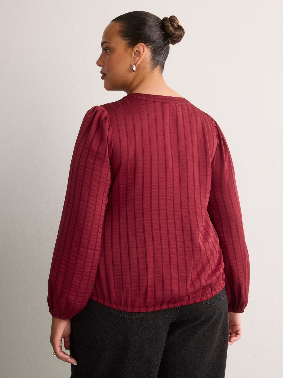 Short Buttoned-Down Elastic-Waist Blouse