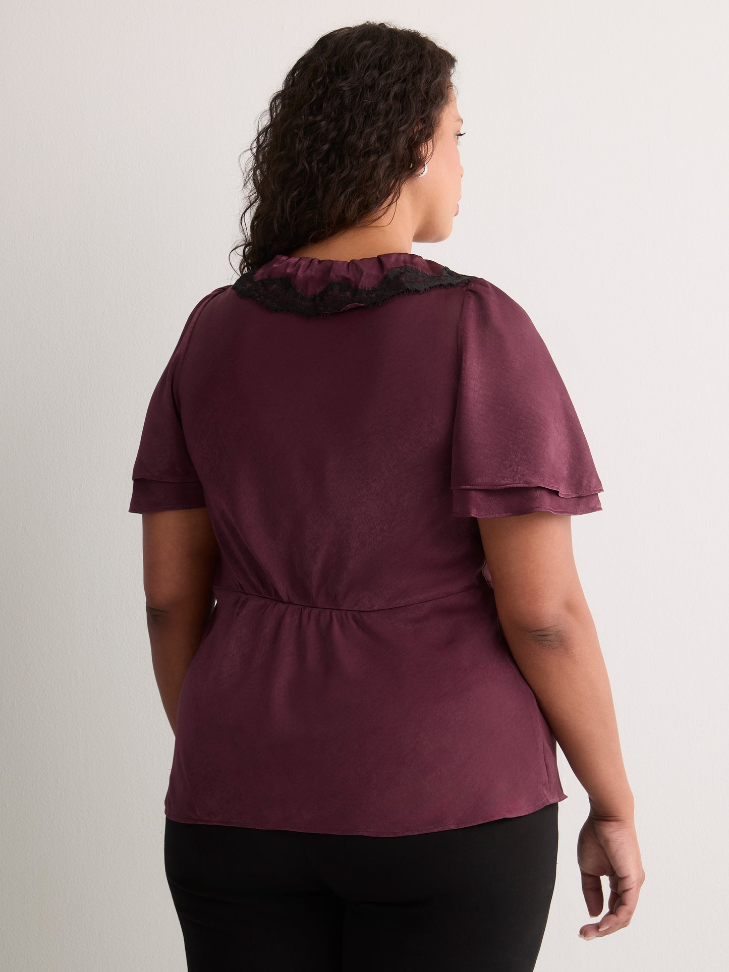 Drawcord Crew-Neck Empire Satin Blouse with Lace