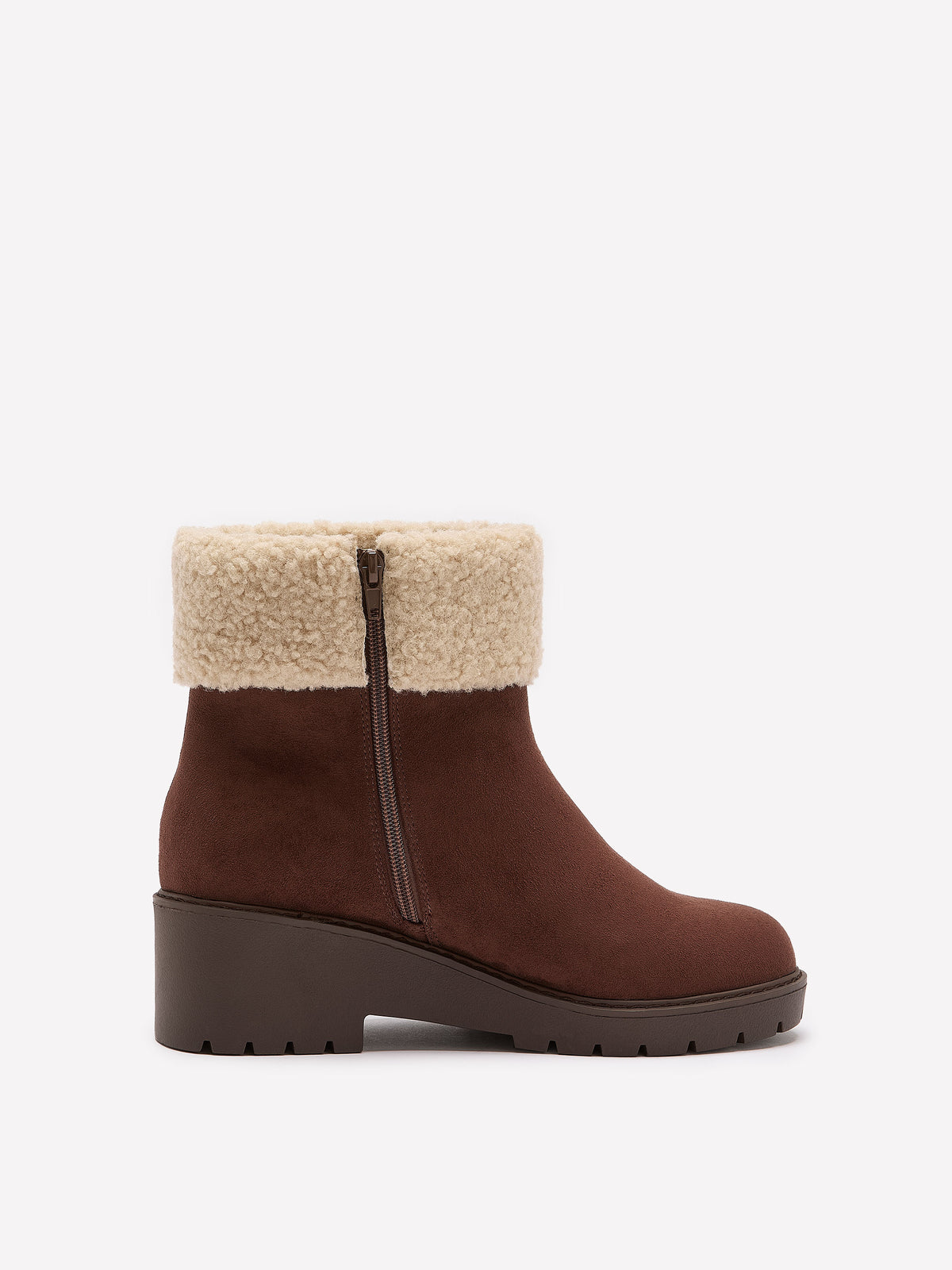 Extra Wide Width, Brown Microsuede Wedge Bootie with Foldover Sherpa