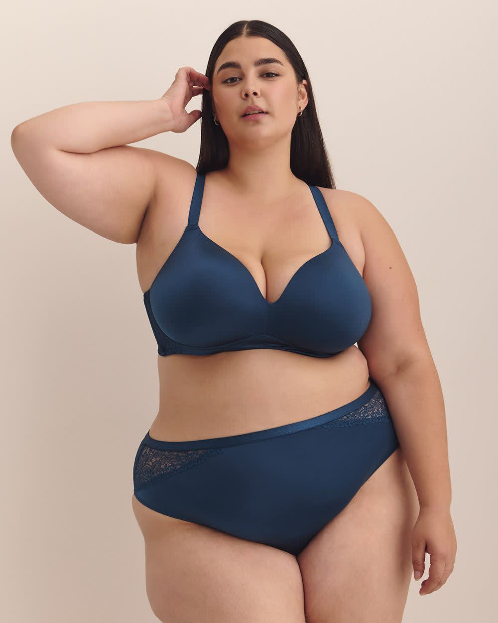Blue Wireless Plunge Satin Bra with Lace - Déesse Collection