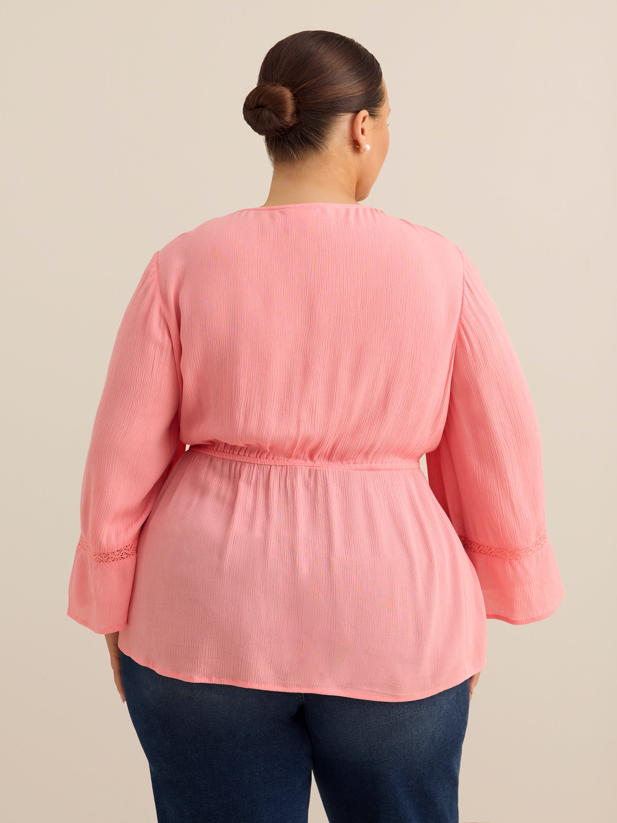 Wide-Sleeve V-Neck Blouse with Decorative Tape - Addition Elle