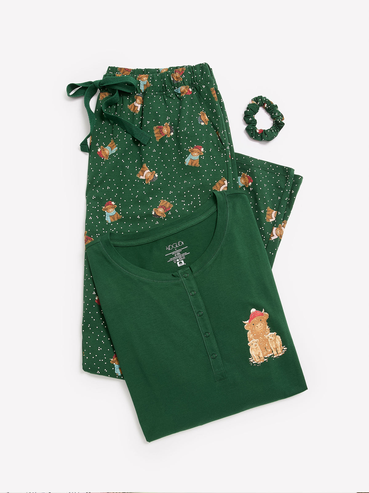 Green Snow Cow Henley Tee and Straight Pant Pyjama Set - tiVOGLIO