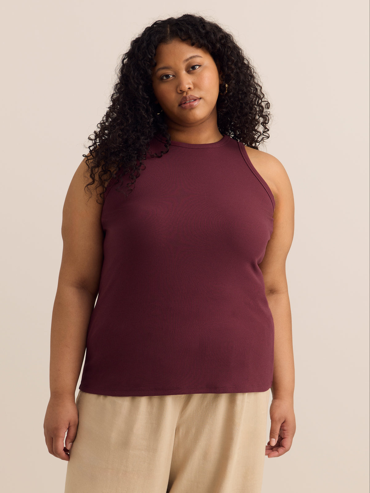 Halter-Neck Rib Knit Tank Top