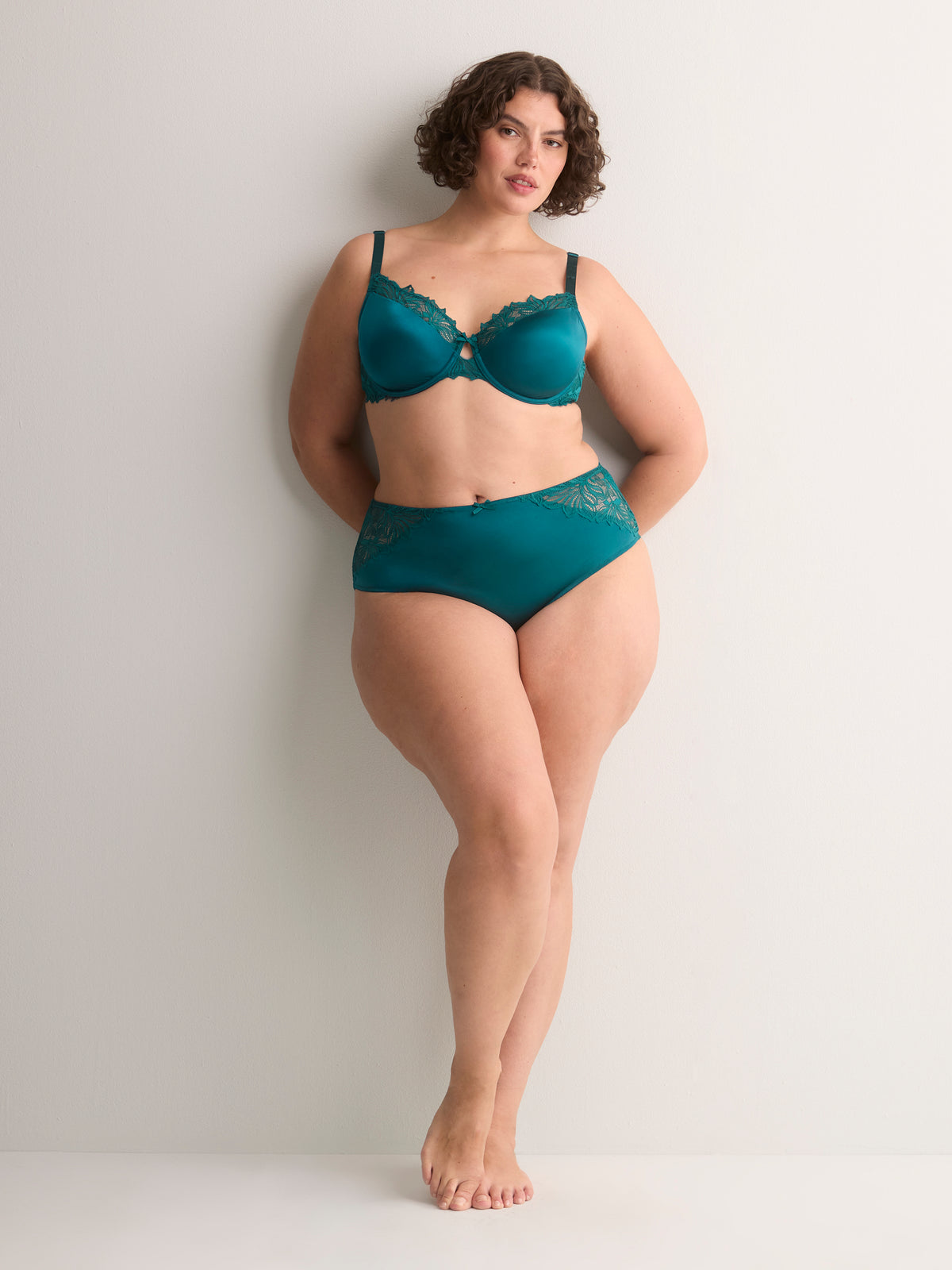 Green Satin Padded Underwire Balconette Bra with Lace - Déesse Collection