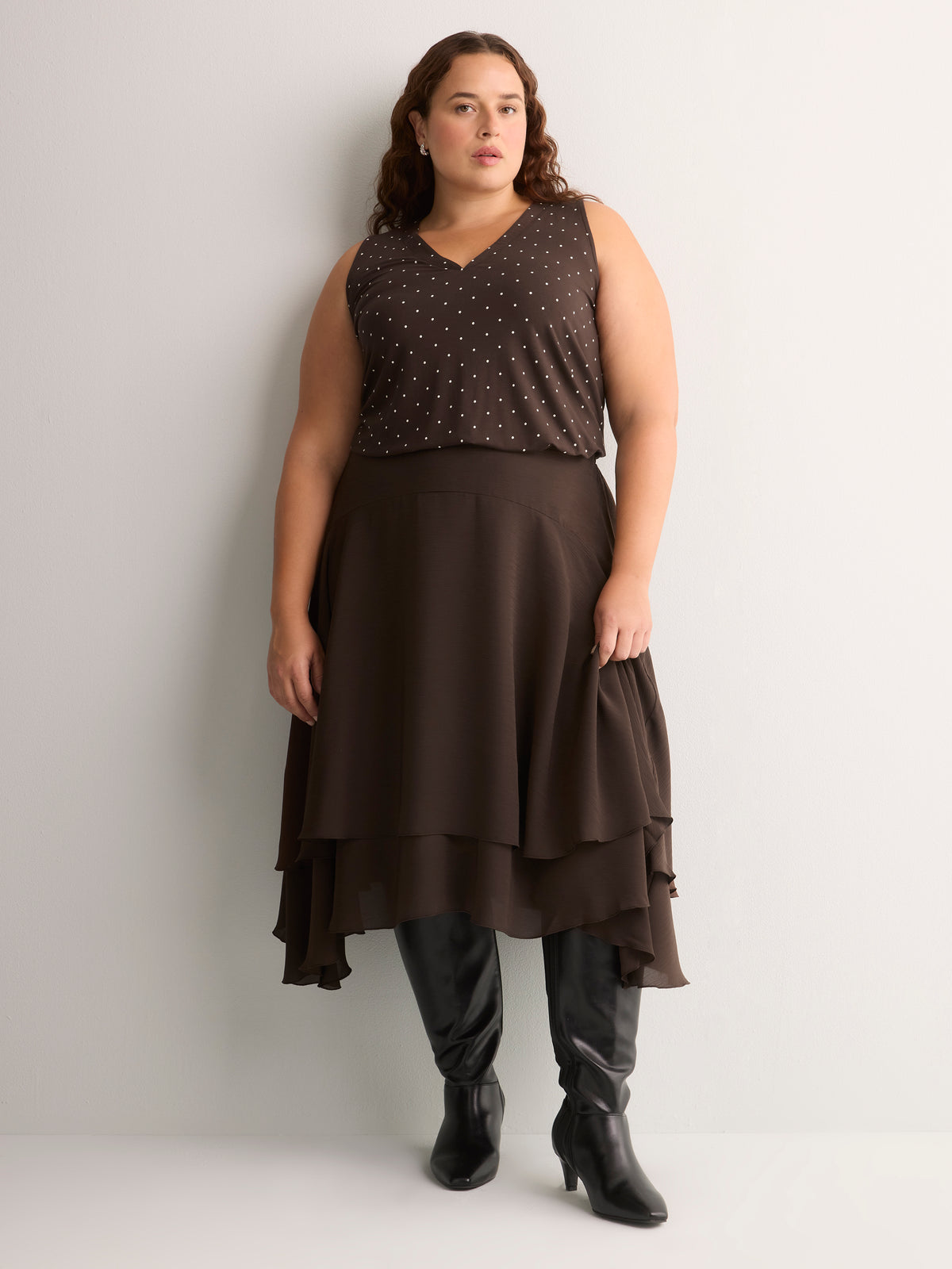 Responsible, Brown Dotted Sleeveless V-Neck Swing Top