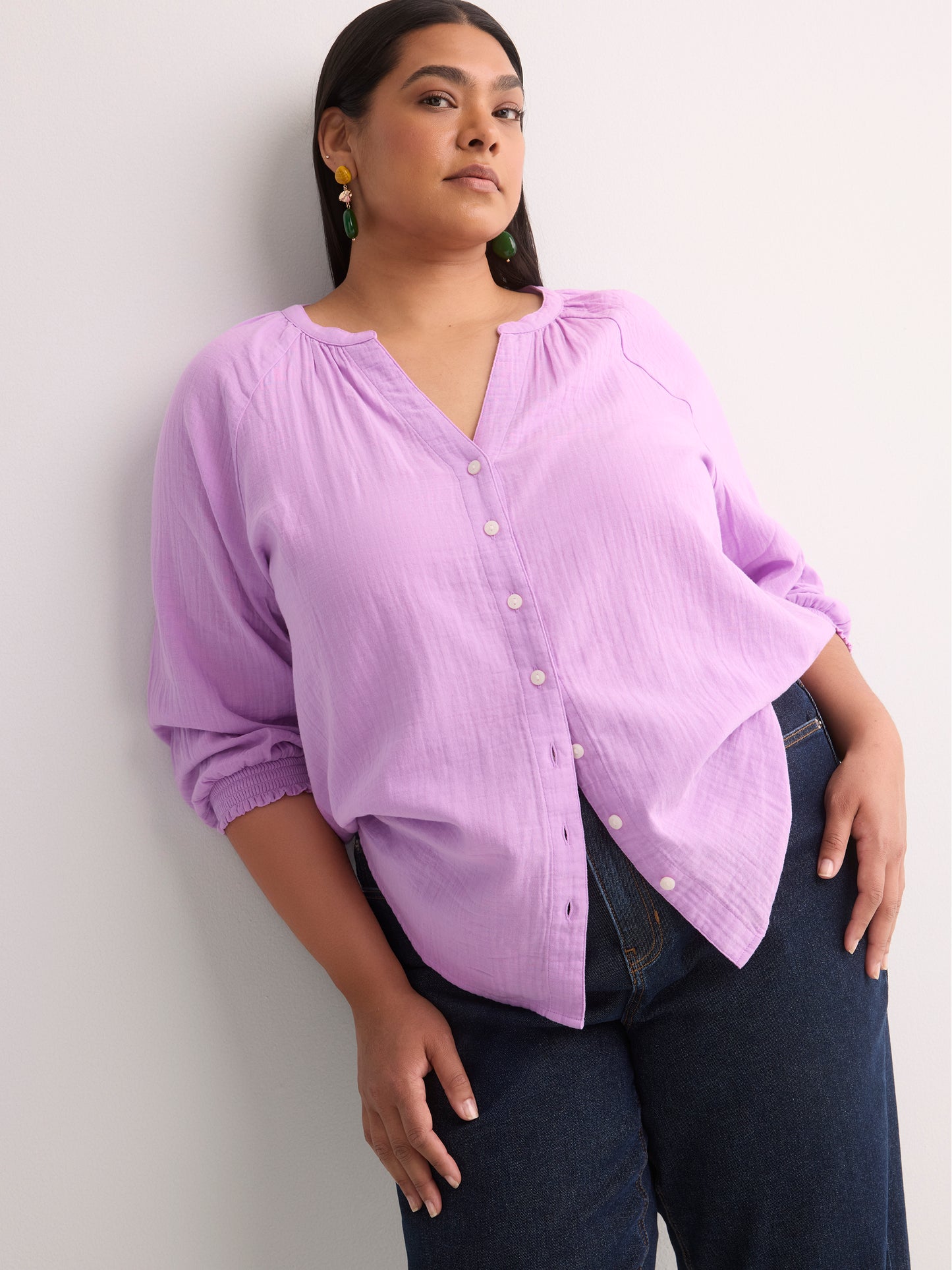 Cotton A-Line Notch-Neckline Blouse