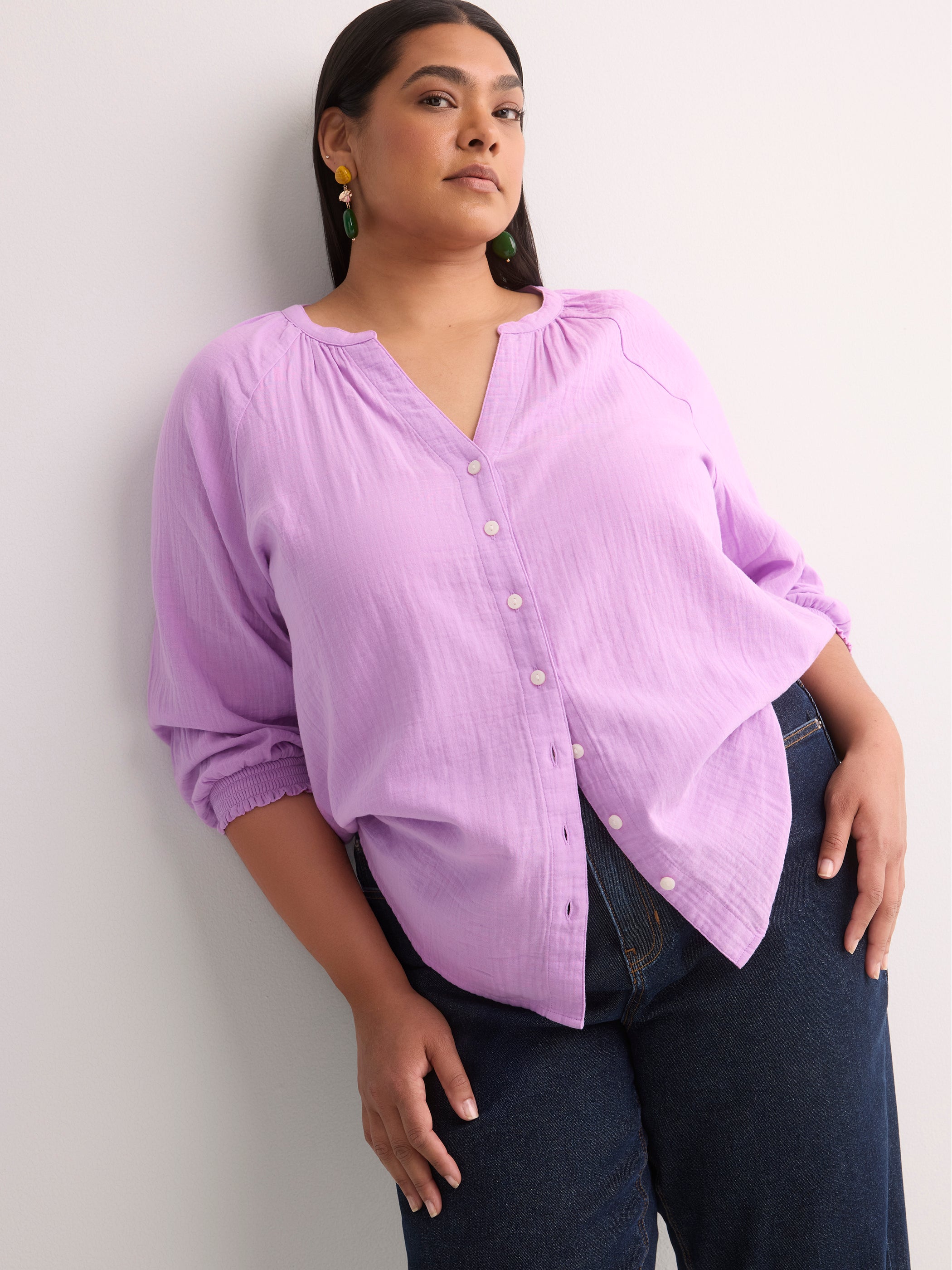 Cotton A-Line Notch-Neckline Blouse