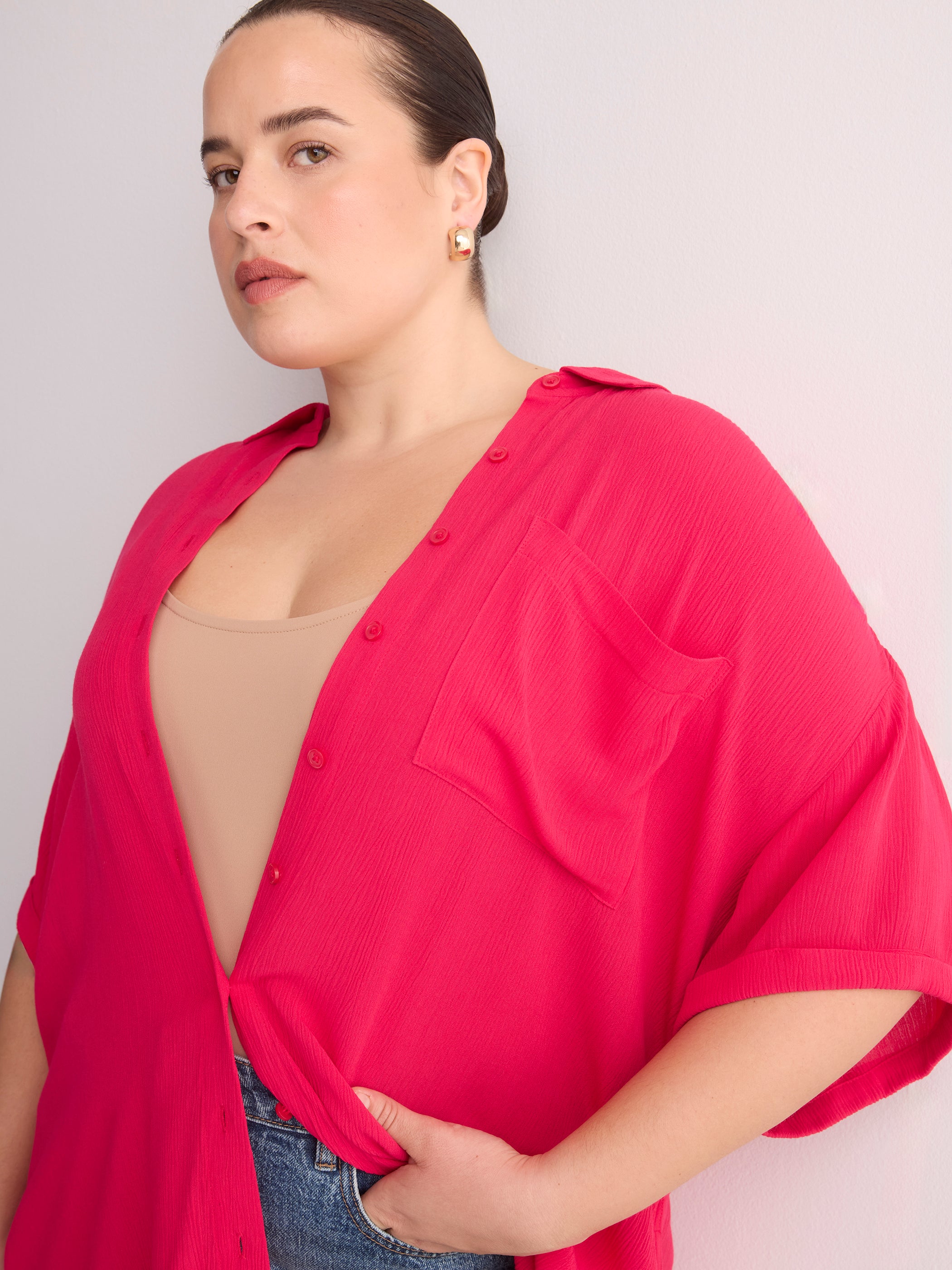 Loose-Fit Short-Sleeve Crinkle Buttoned-Down Tunic