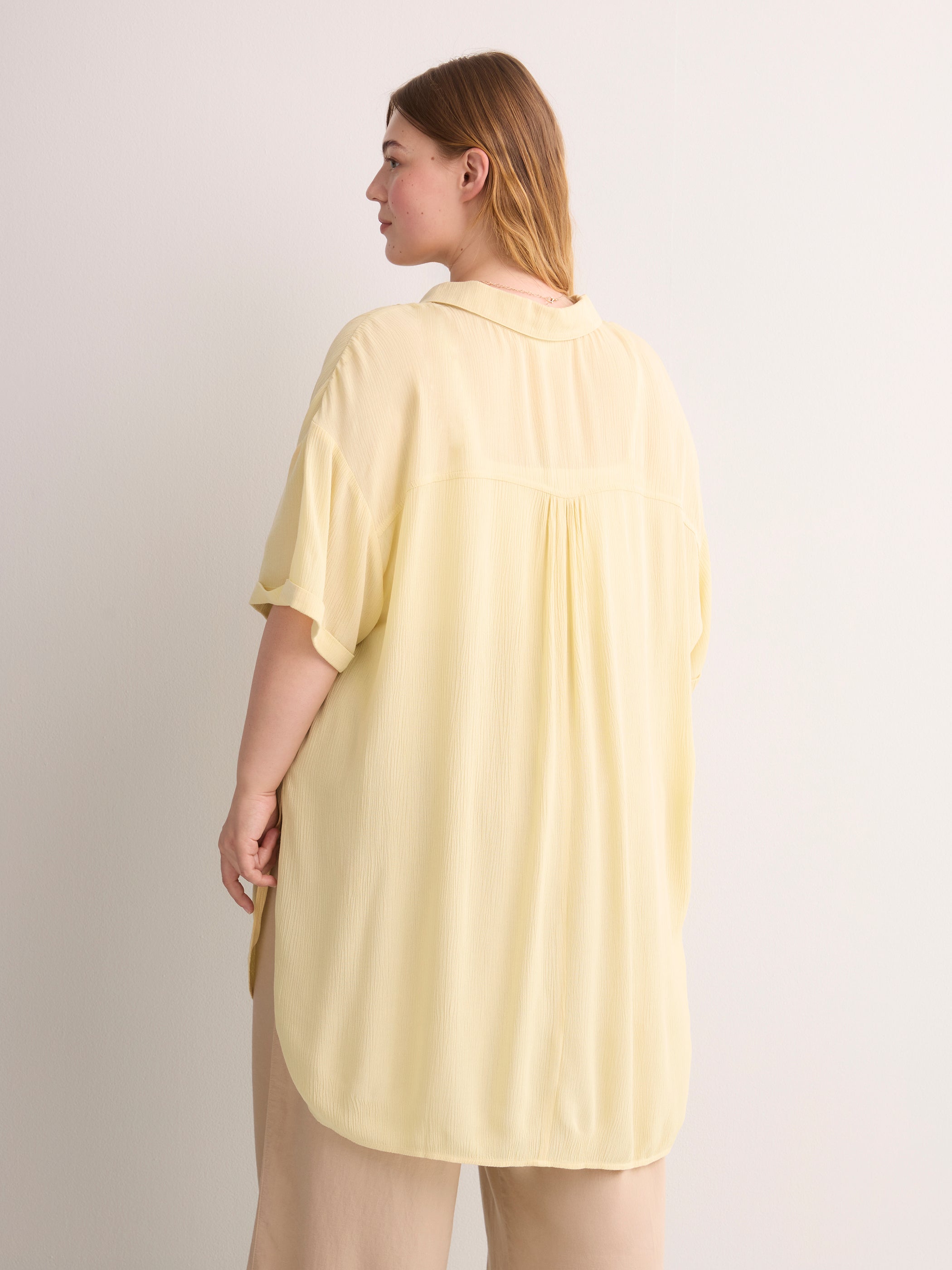 Loose-Fit Short-Sleeve Crinkle Buttoned-Down Tunic