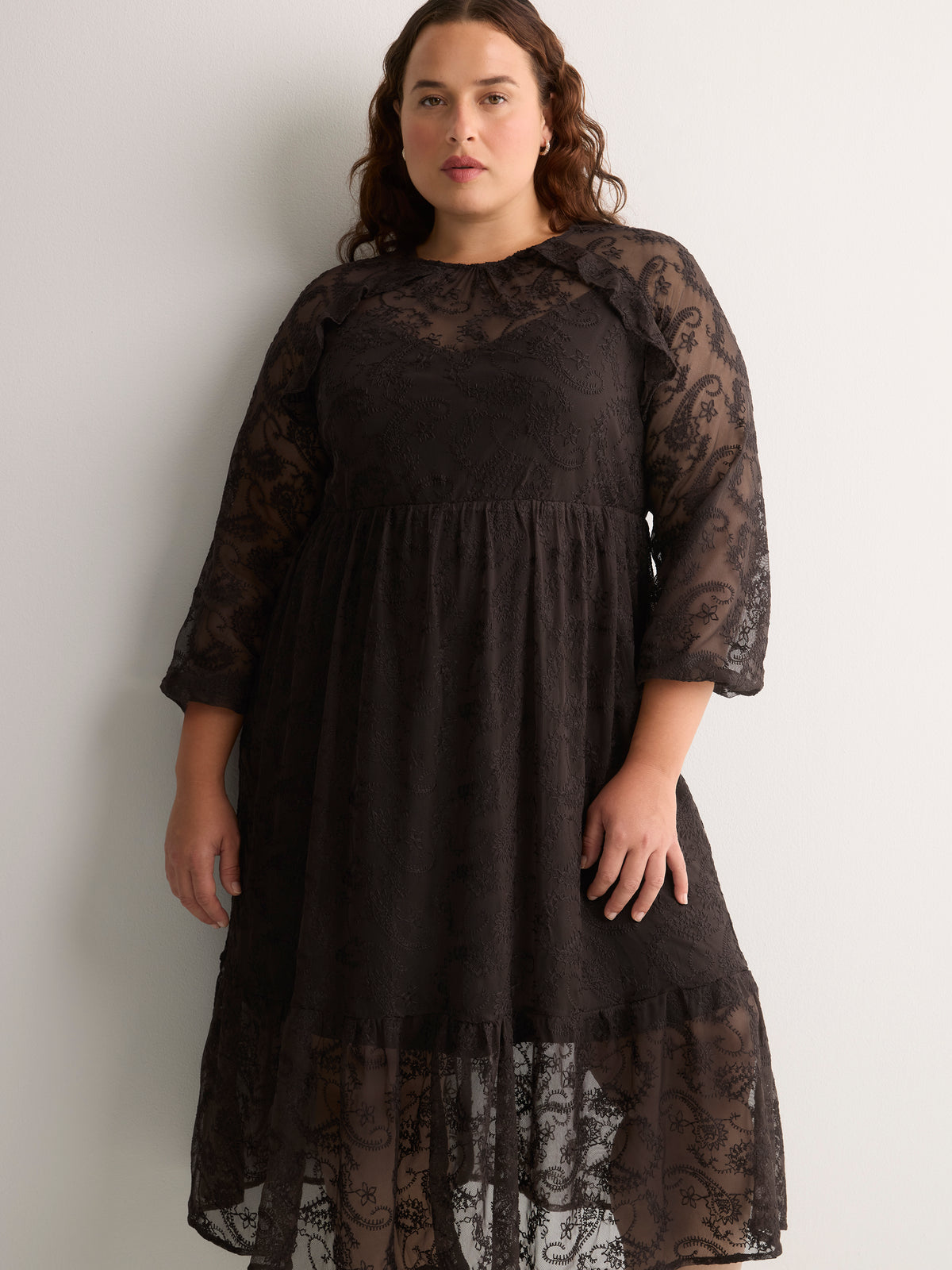 Brown Long-Sleeve Ruffled Lace Midi Dress