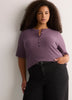 Straight Elbow-Sleeve Plum Pointelle Knit Henley Top