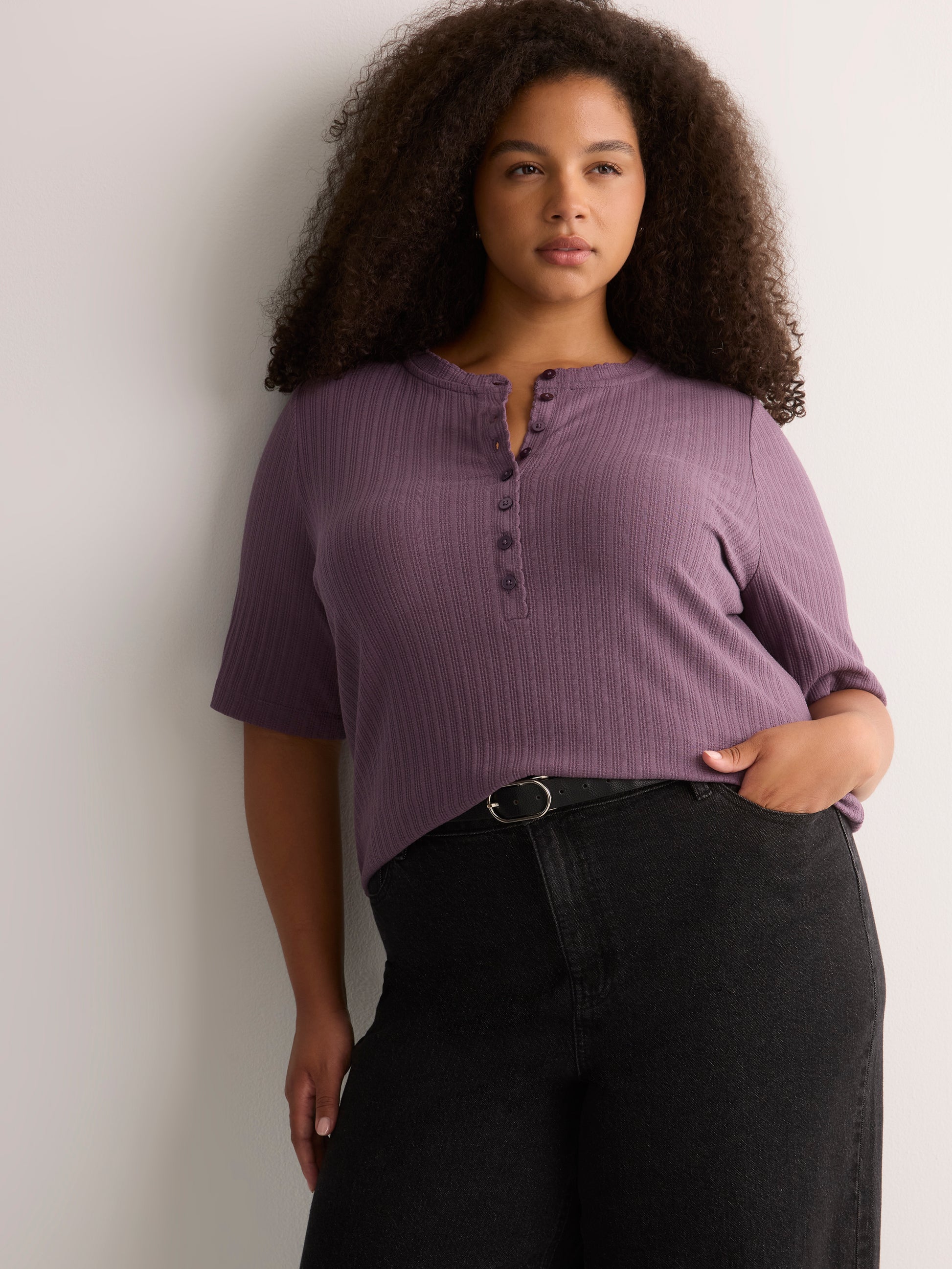 Straight Elbow-Sleeve Plum Pointelle Knit Henley Top