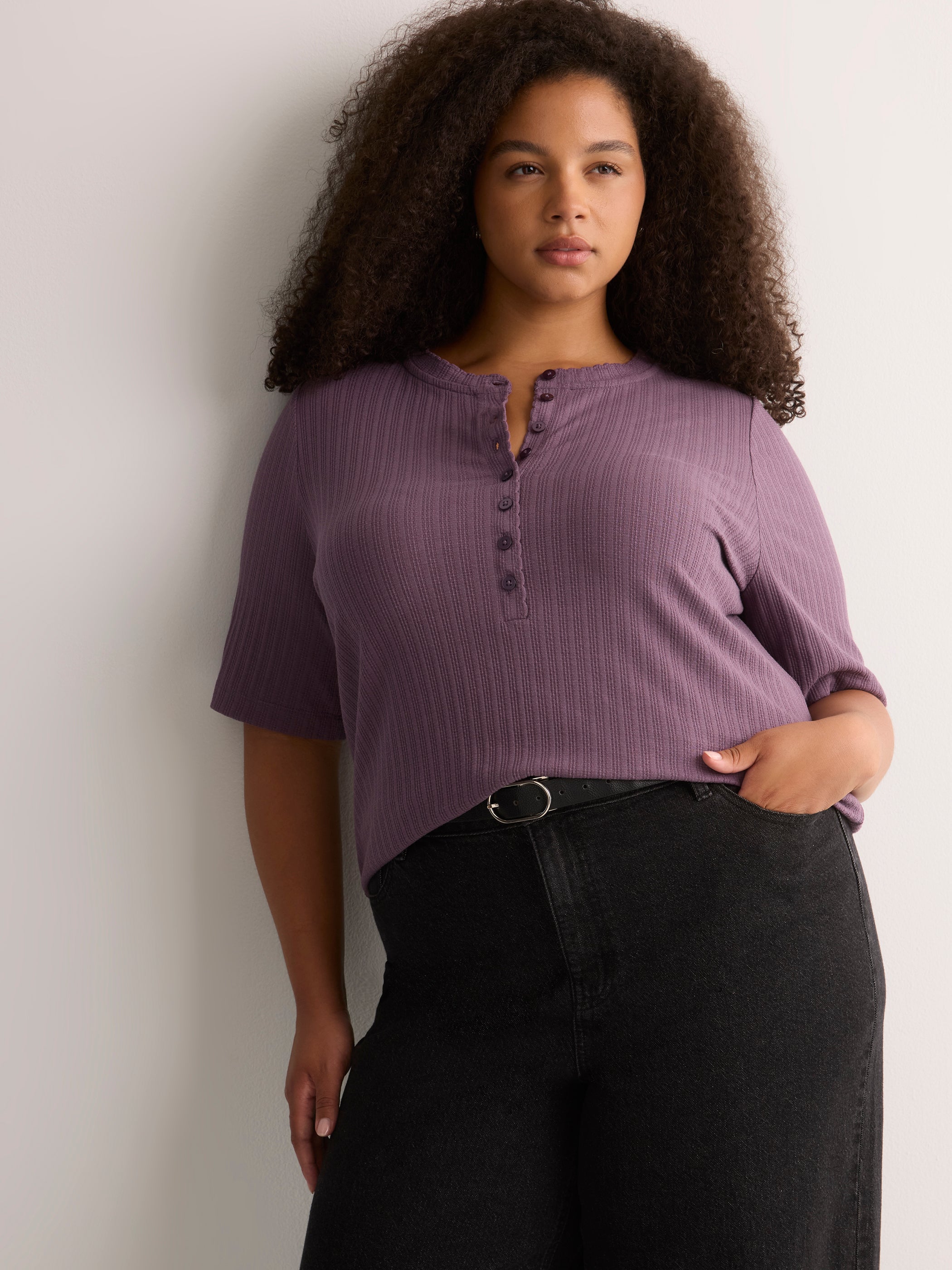 Straight Elbow-Sleeve Plum Pointelle Knit Henley Top
