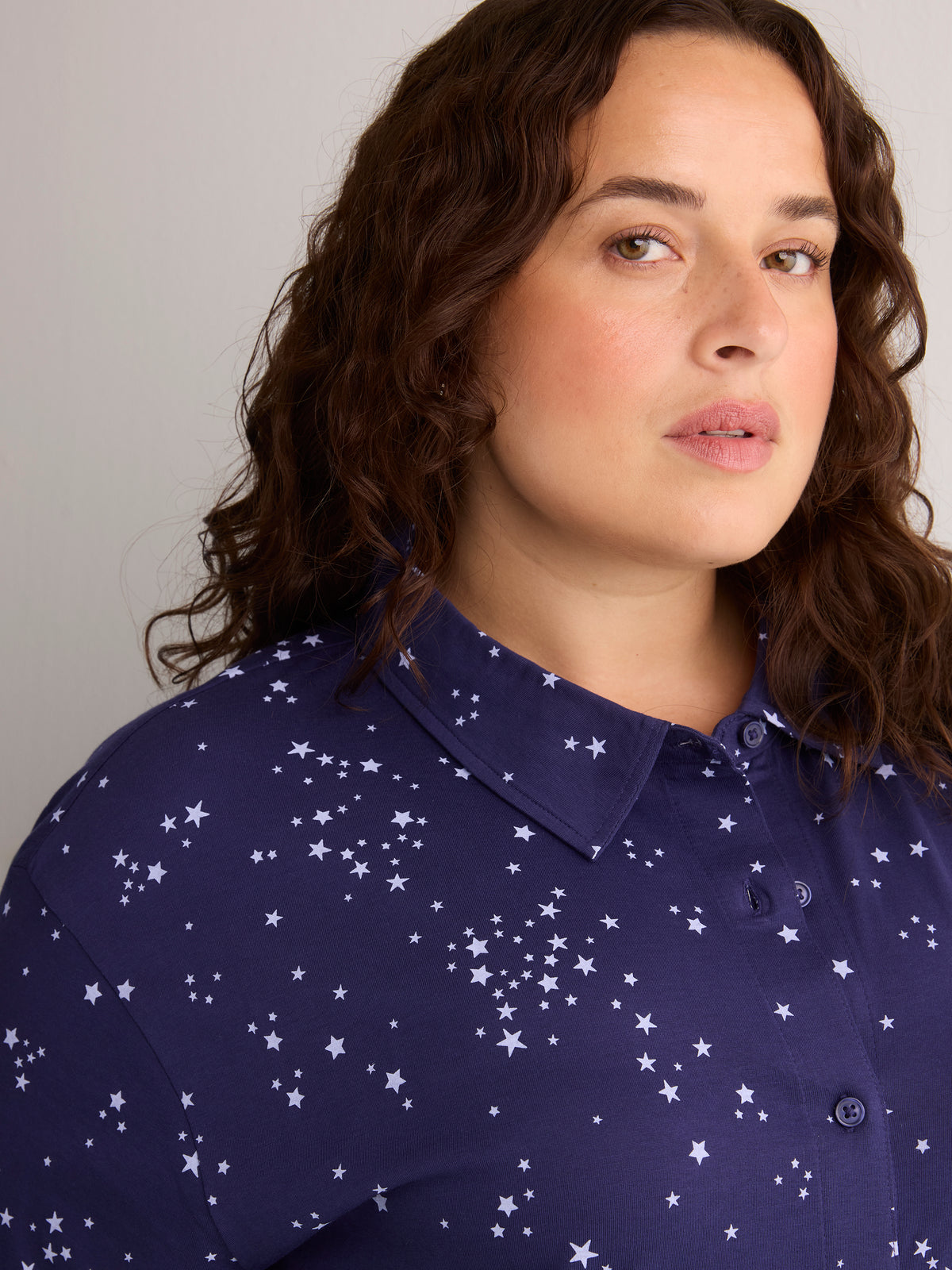 Mini-Star Print Short Buttoned-Down Sleepshirt - tiVOGLIO