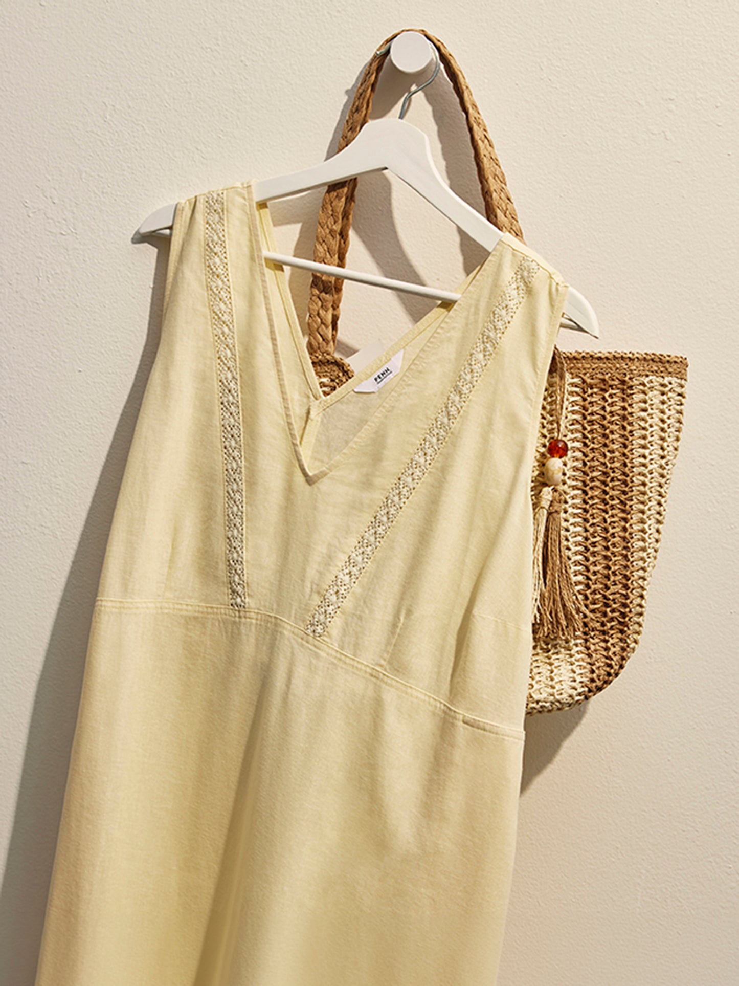 Linen Blend V-Neck Swing Dress with Crochet Tape