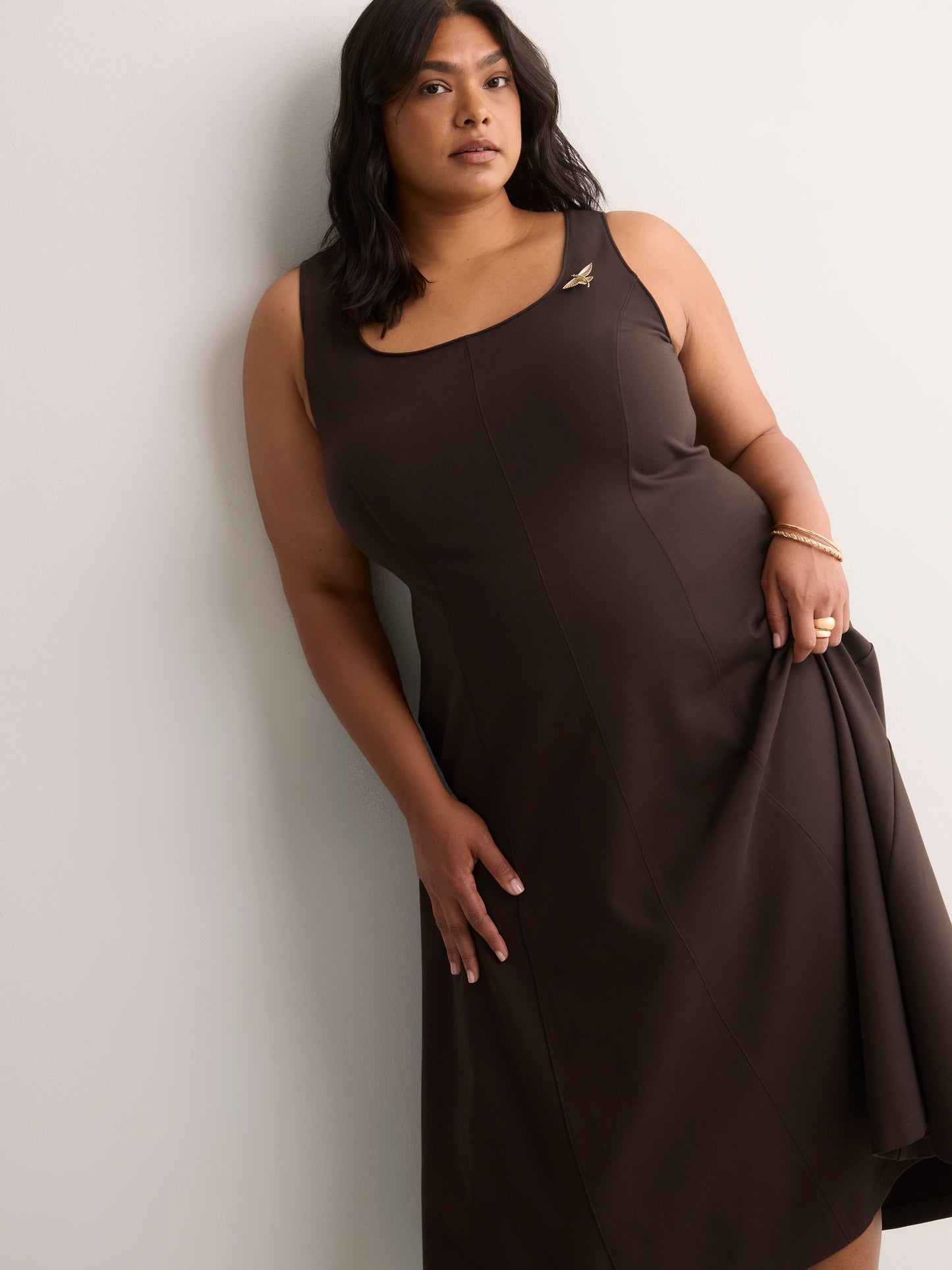 Brown Sleeveless Square-Neck Midi Dress - Addition Elle
