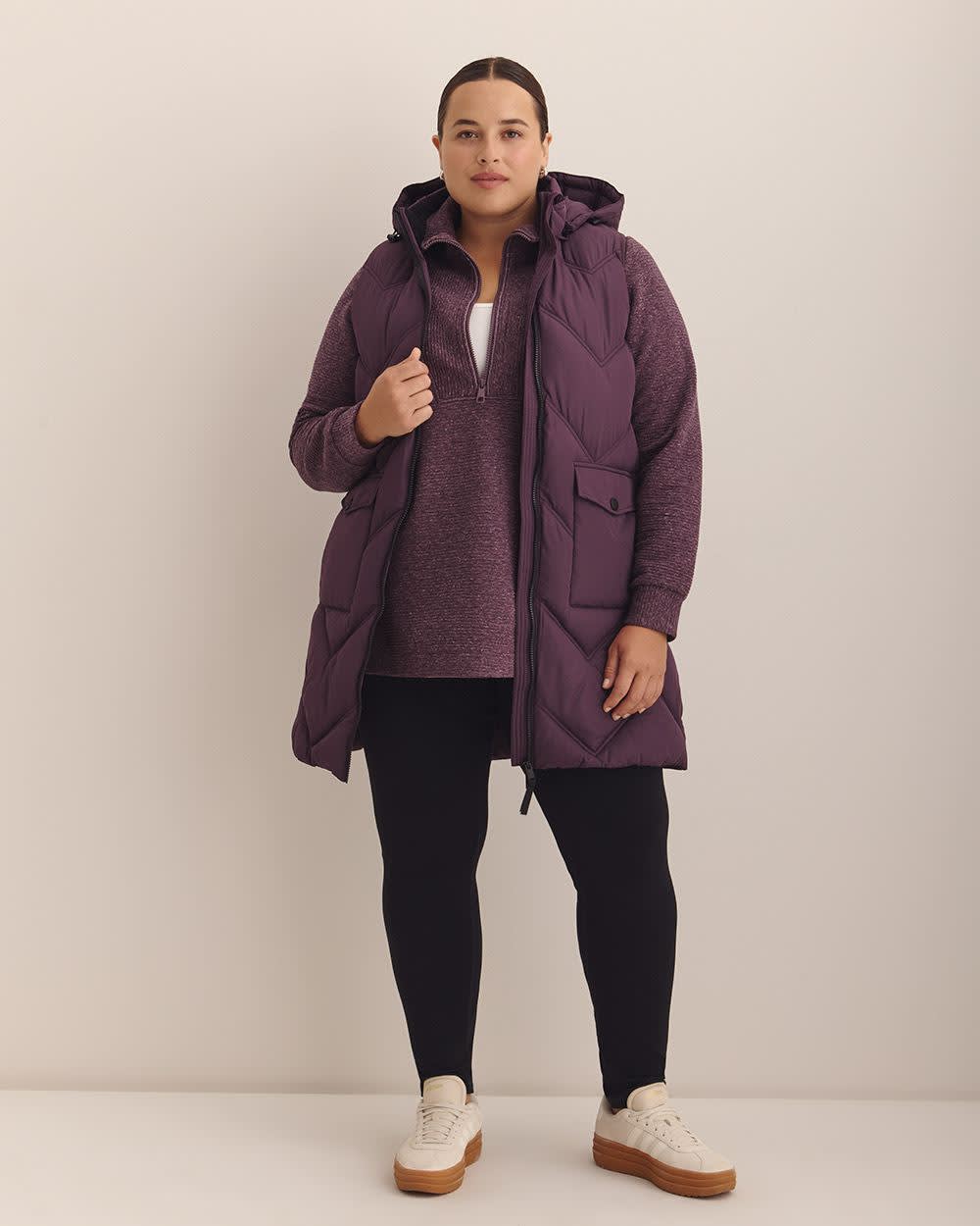 Veste matelassée longue avec capuchon, tissu responsable