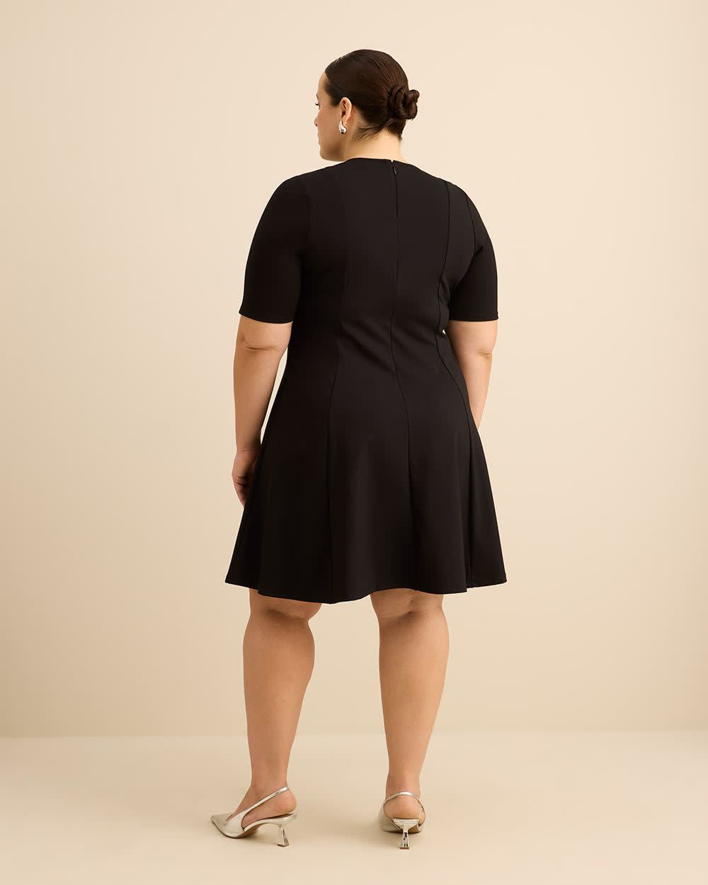 Fit and Flare Elbow-Sleeve Rib Knit Dress