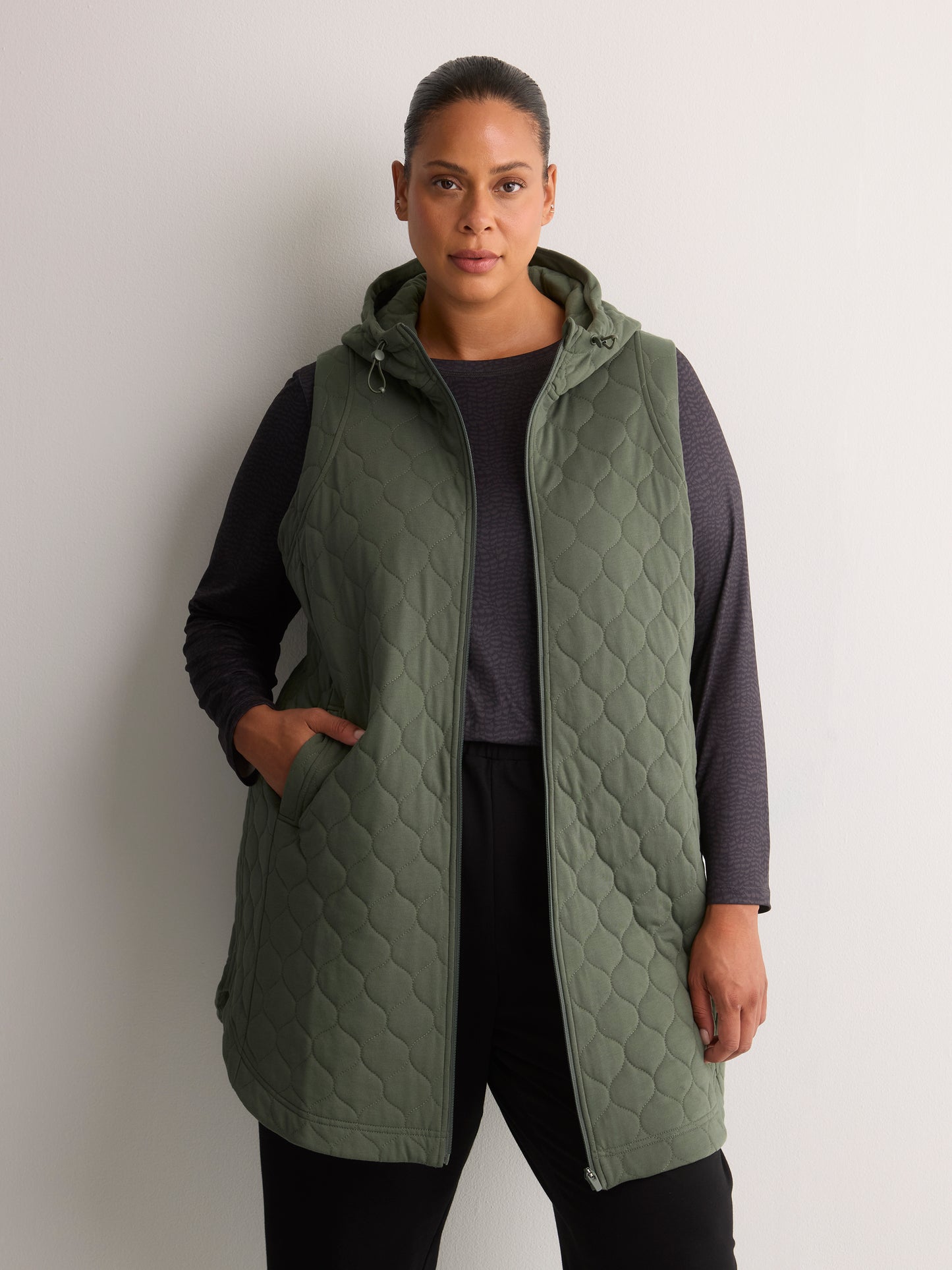 Long Quilted Knit Sleeveless Hooded Vest - Active Zone