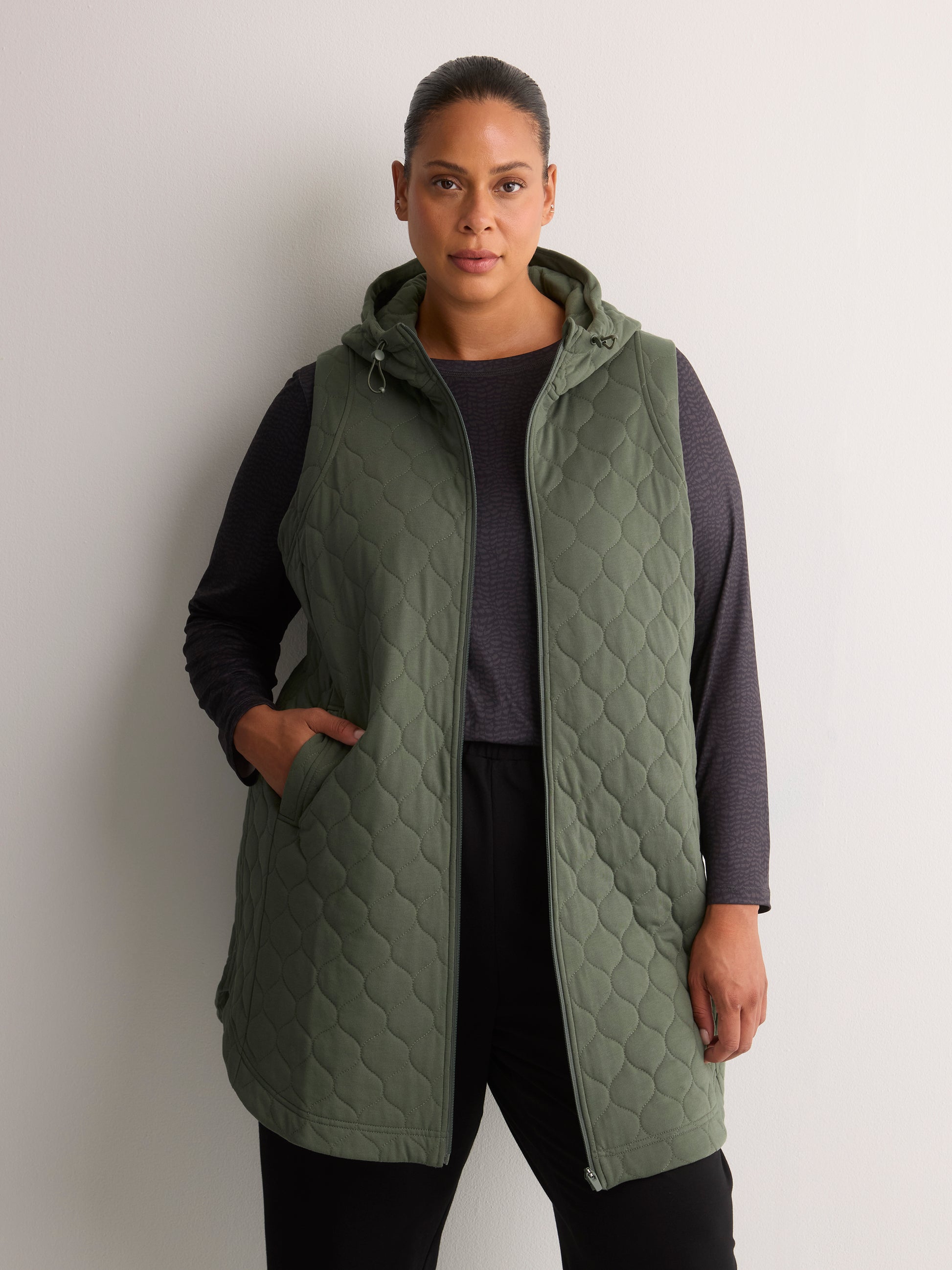 Long Quilted Knit Sleeveless Hooded Vest - Active Zone