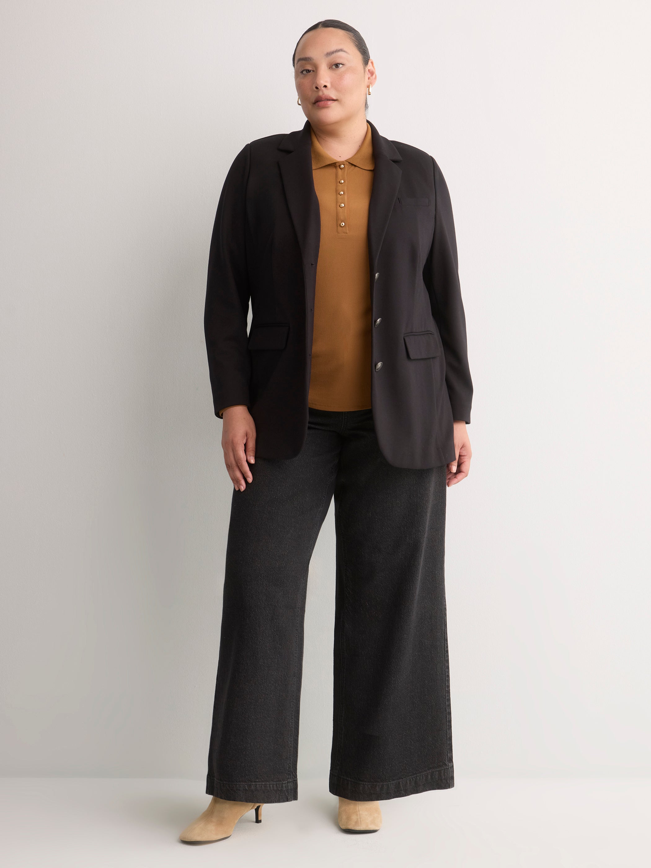 Black Single-Breasted Tailored Knit Blazer
