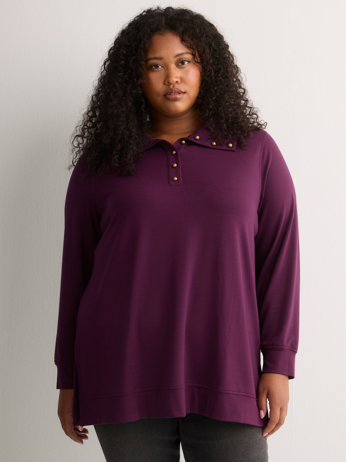 Loose French Terry Tunic Top with Buttoned Johnny Collar