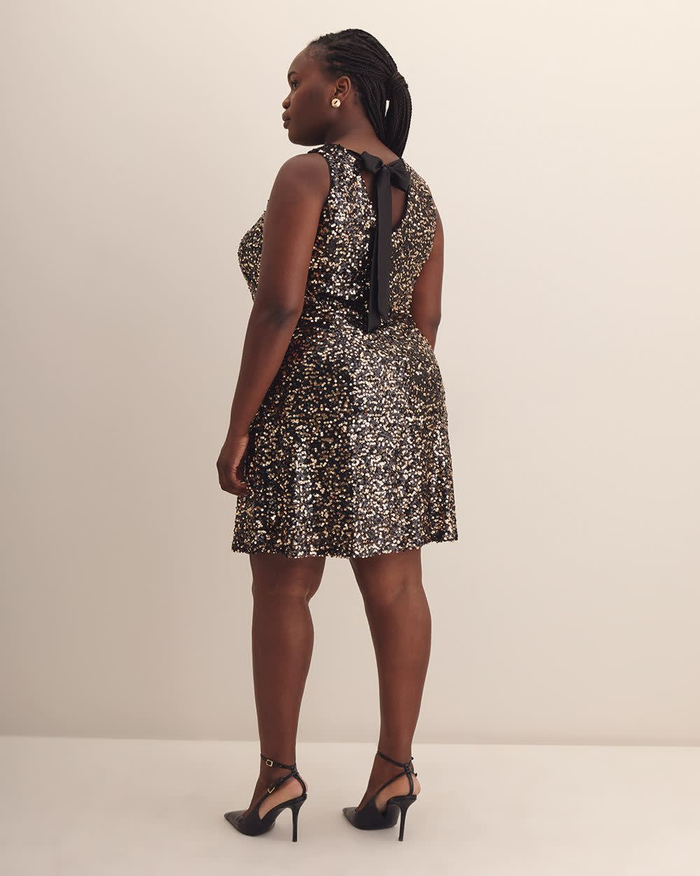 Flared Sequined Sleeveless Dress with Back Bow