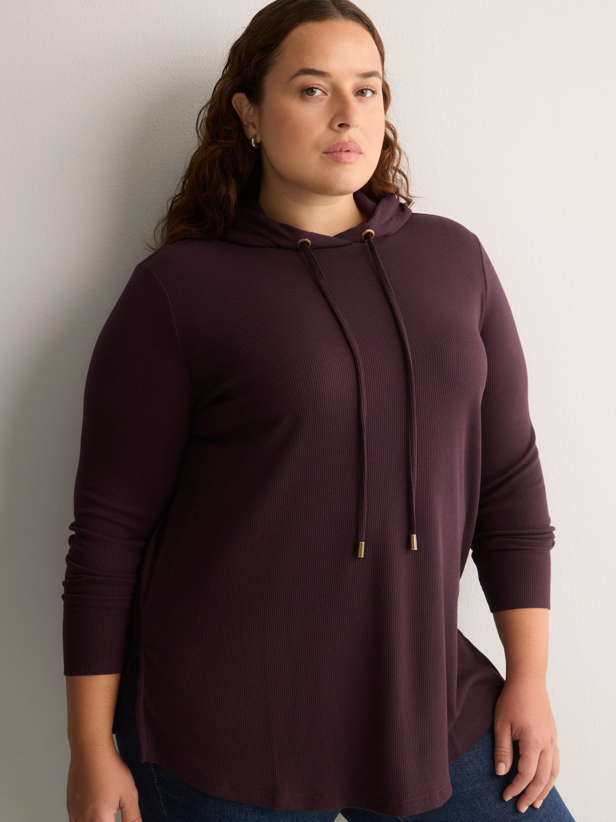 Long Straight Waffle Knit Hoodie