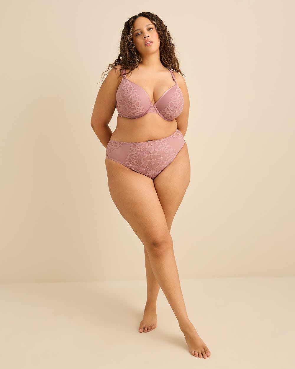 Dark Rose Underwire Plunge Bra with Lace Overlay - Déesse Collection