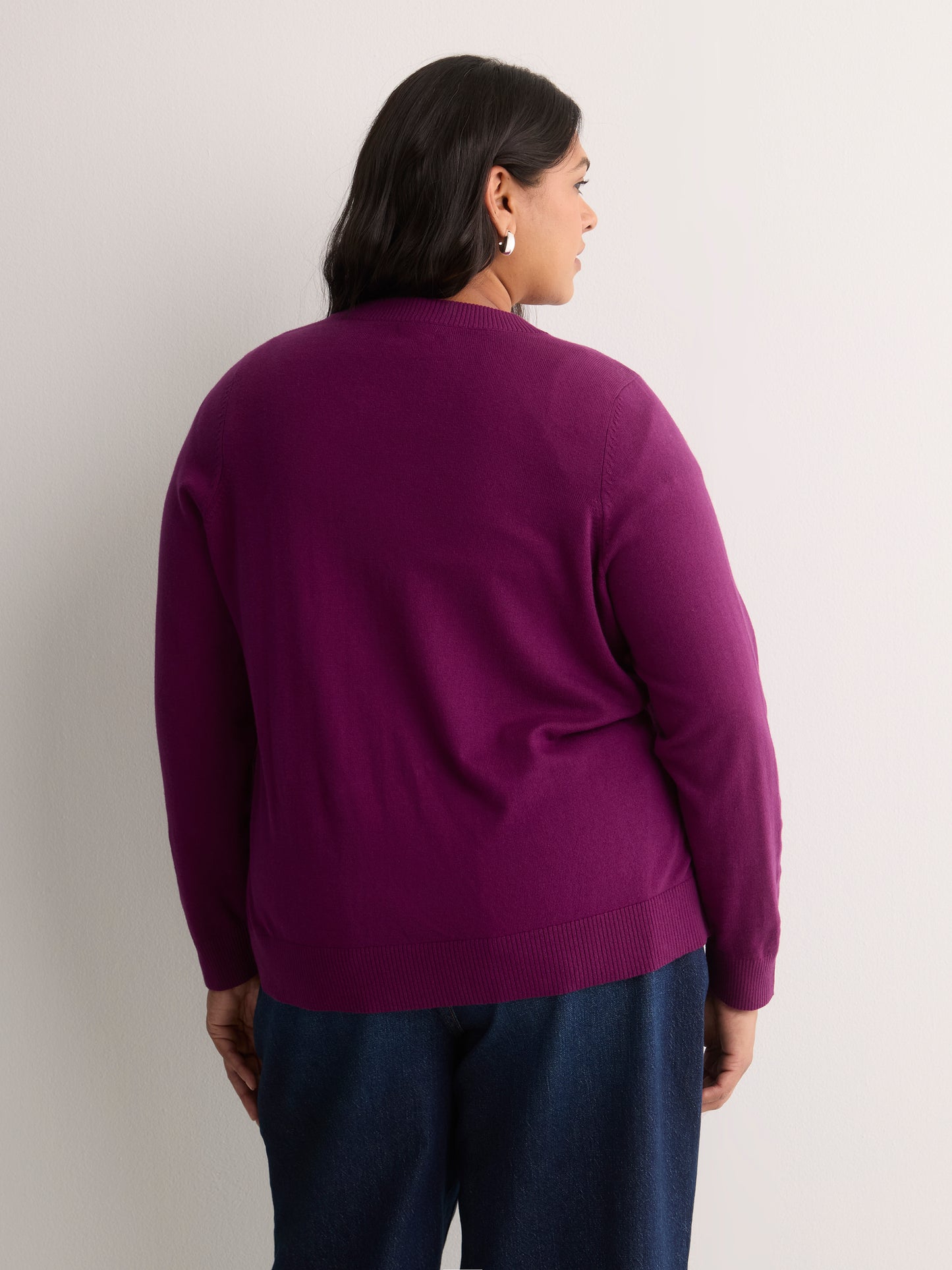 Dark Buttoned-Down Cotton Blend Crew Neck Cardigan
