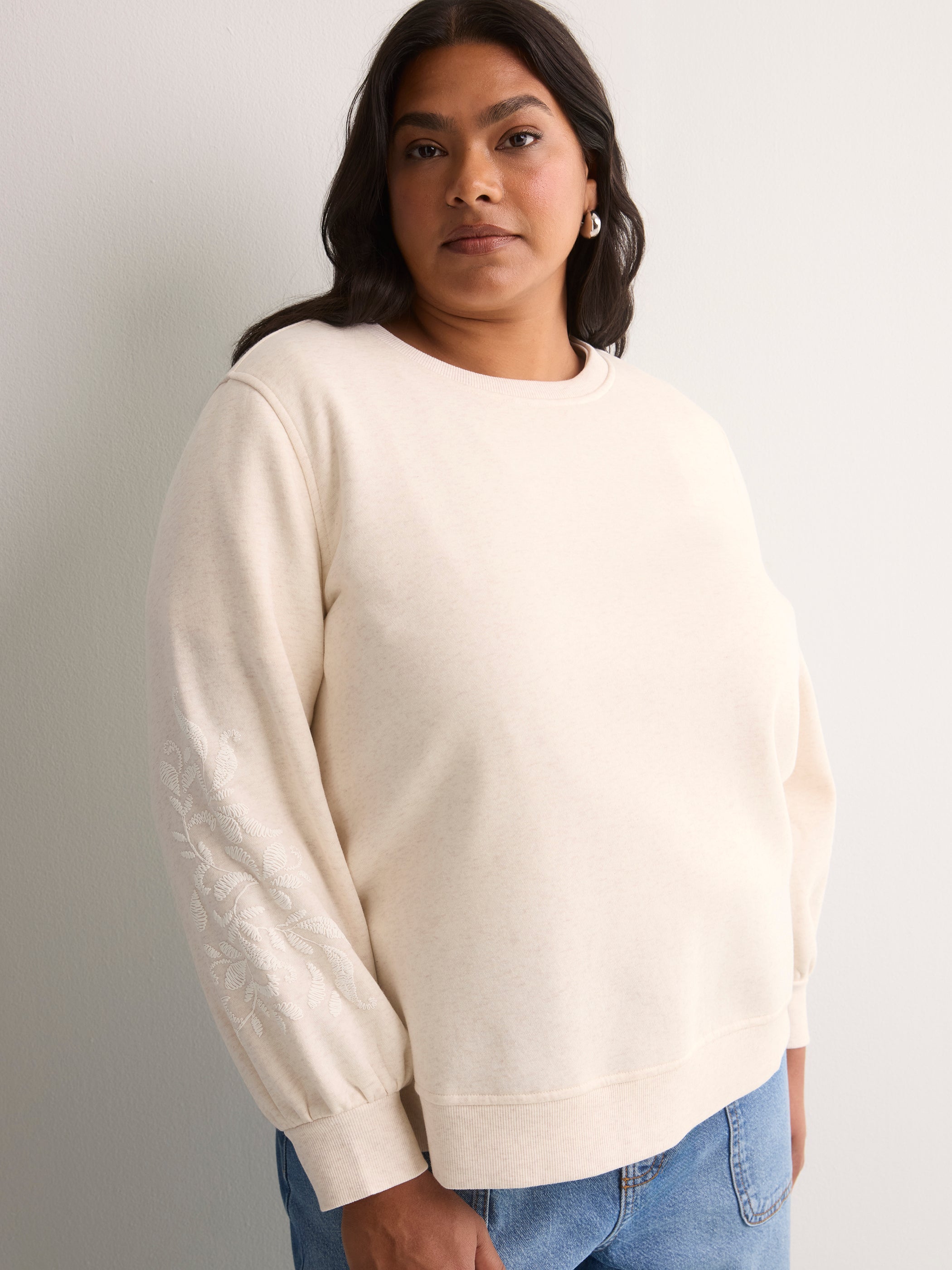 Loose Crew-Neck Fleece Sweatshirt with Long Balloon Sleeves