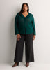 Straight V-Neck Crochet Pointelle Knit Blouse with Trumpet Sleeves