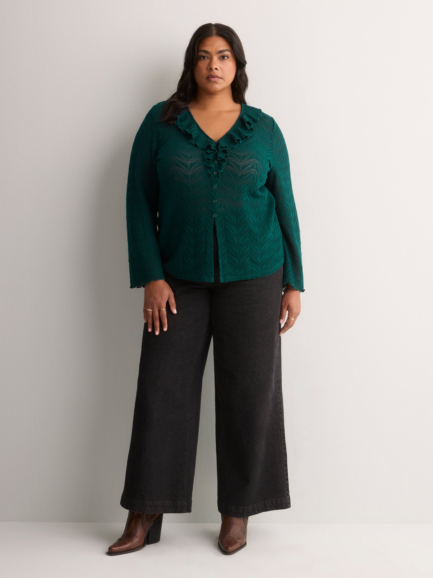Straight V-Neck Crochet Pointelle Knit Blouse with Trumpet Sleeves
