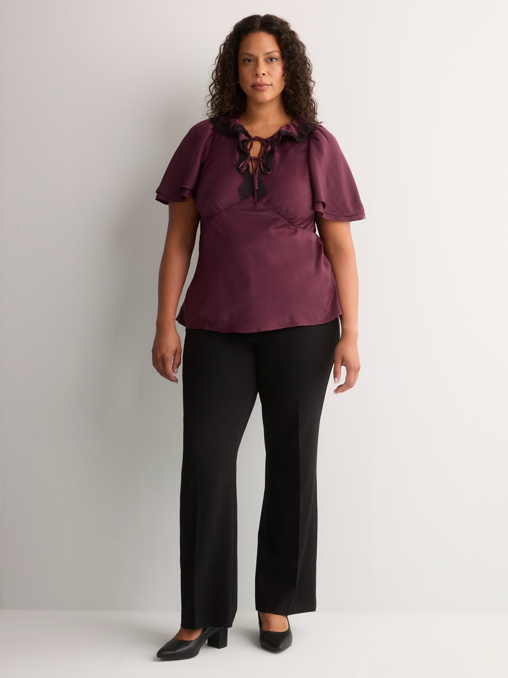 Drawcord Crew-Neck Empire Satin Blouse with Lace