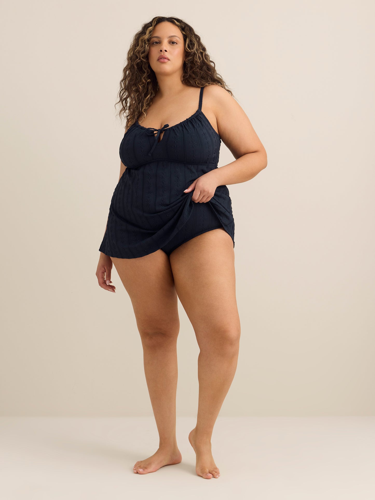 Navy Blue Eyelet-Textured Front-Tie Swim Dress