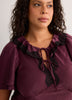 Drawcord Crew-Neck Empire Satin Blouse with Lace