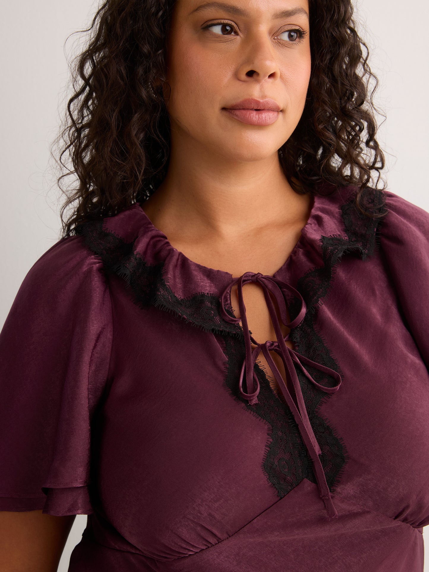 Drawcord Crew-Neck Empire Satin Blouse with Lace