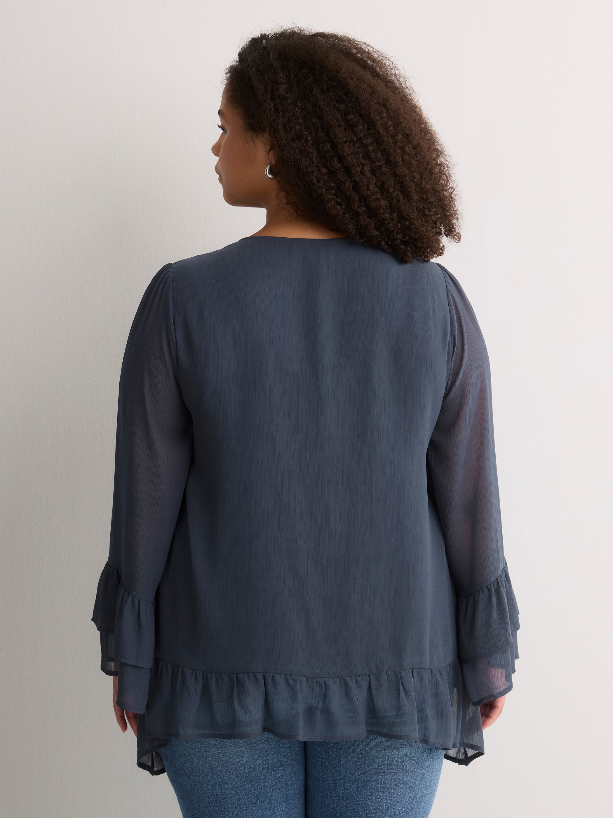Split-Neck Long Flounce Sleeve Asymmetrical Blouse