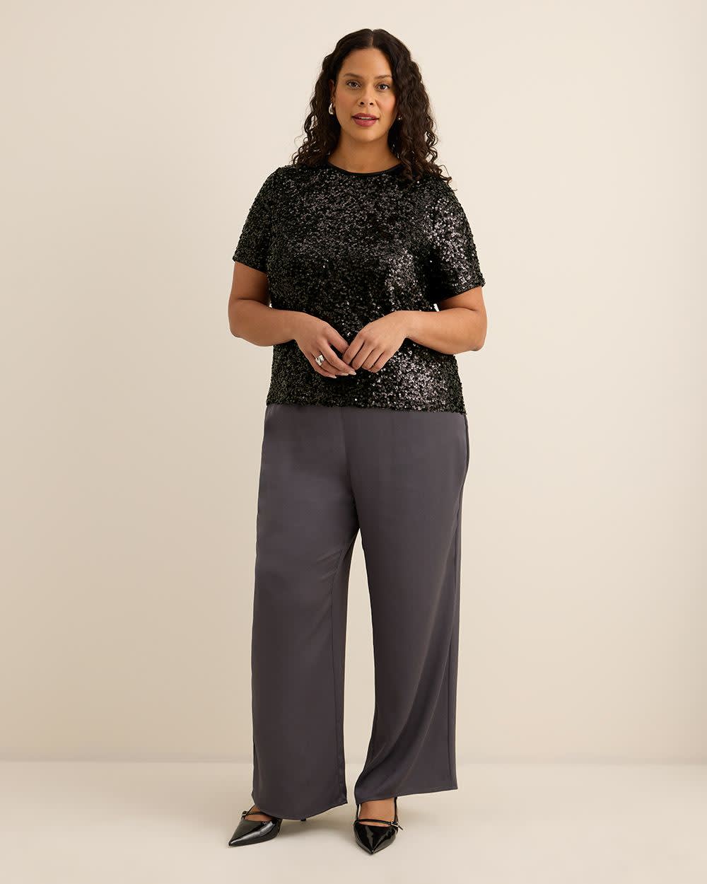 Short-Sleeve Sequins Crewneck Top