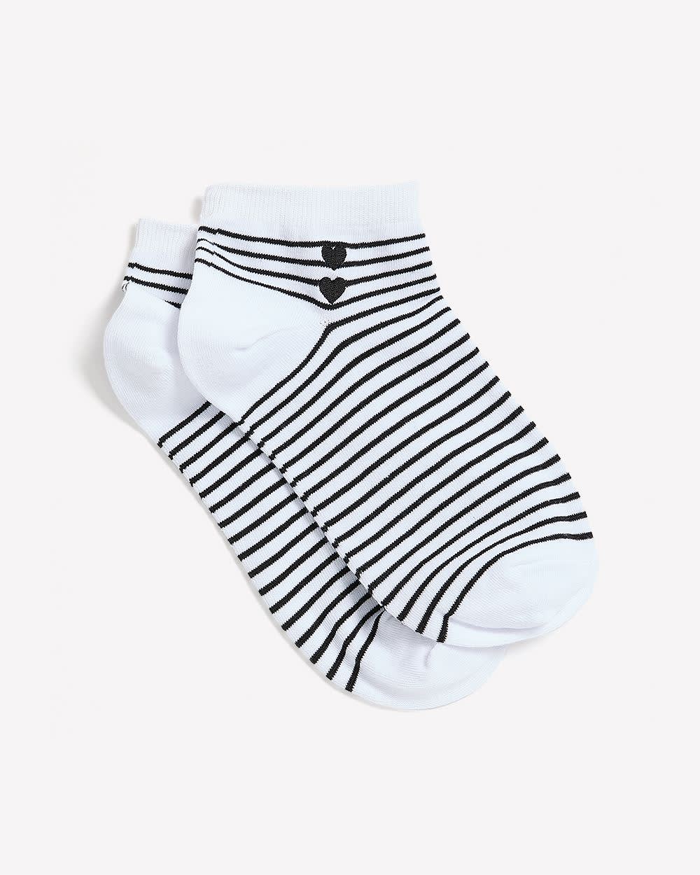 Black and White Striped Ankle Socks with Double Heart Embroidery